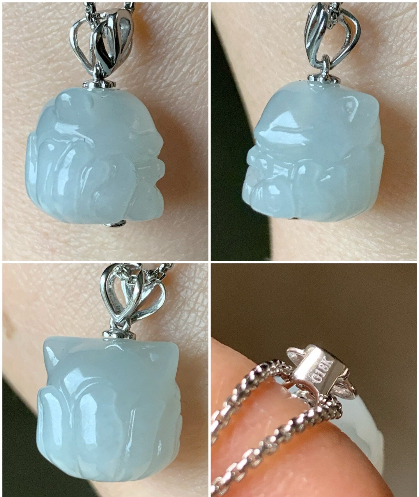 Certified Natural Burmese Icy Translucent & Gelatinous White Jadeite 3D Carved Nine-Tailed Fox Pendant 18K White Gold 天然缅甸白冰起胶翡翠九尾狐狸镶嵌吊坠 757