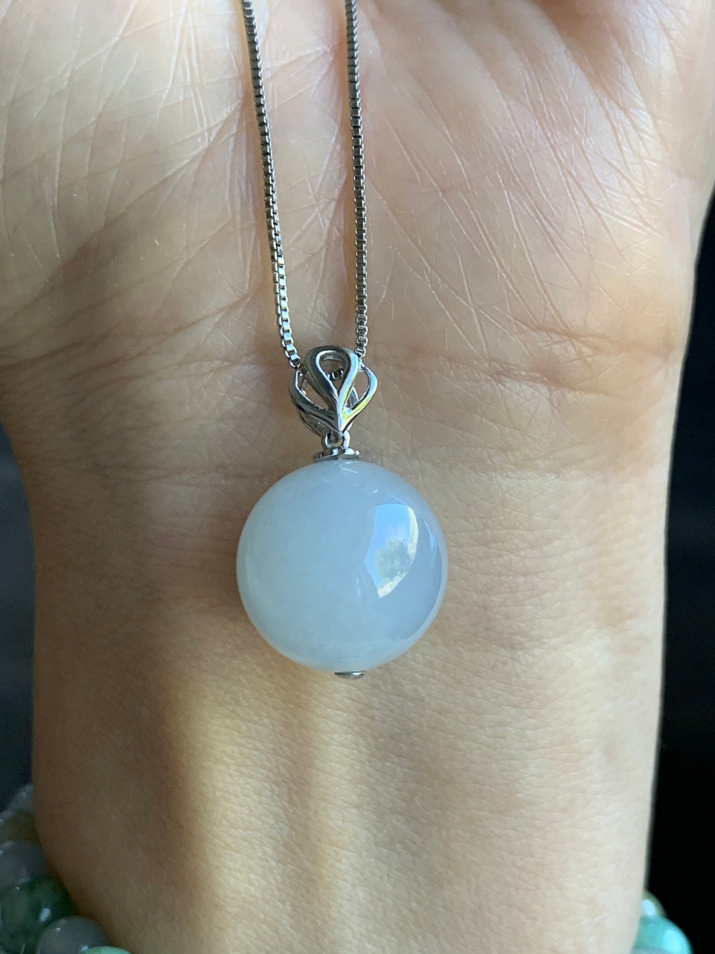 Large Certified Natural Burmese Grade A Icy Translucent Gelatinous Jadeite Sphere Bead Pendant 18K White Gold 天然缅甸糯冰起胶翡翠单珠镶嵌吊坠