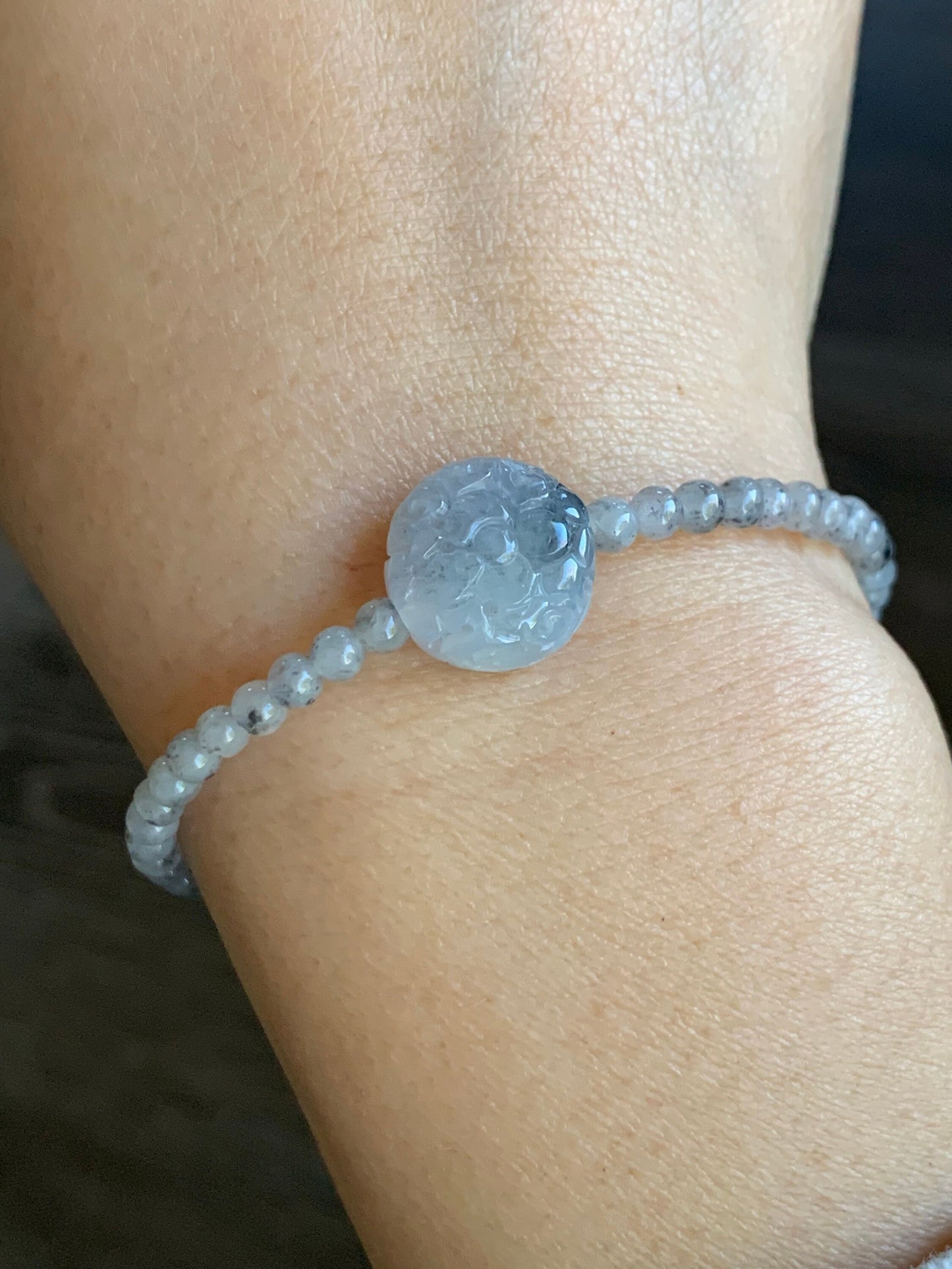 Natural Burmese A Graded Icy Highly Translucent Light Wuji Jadeite Engraved Wuji Jadeite Coin Bead Beaded Bracelet 6.75” 天然缅甸冰胶乌鸡翡翠仿古雕手串