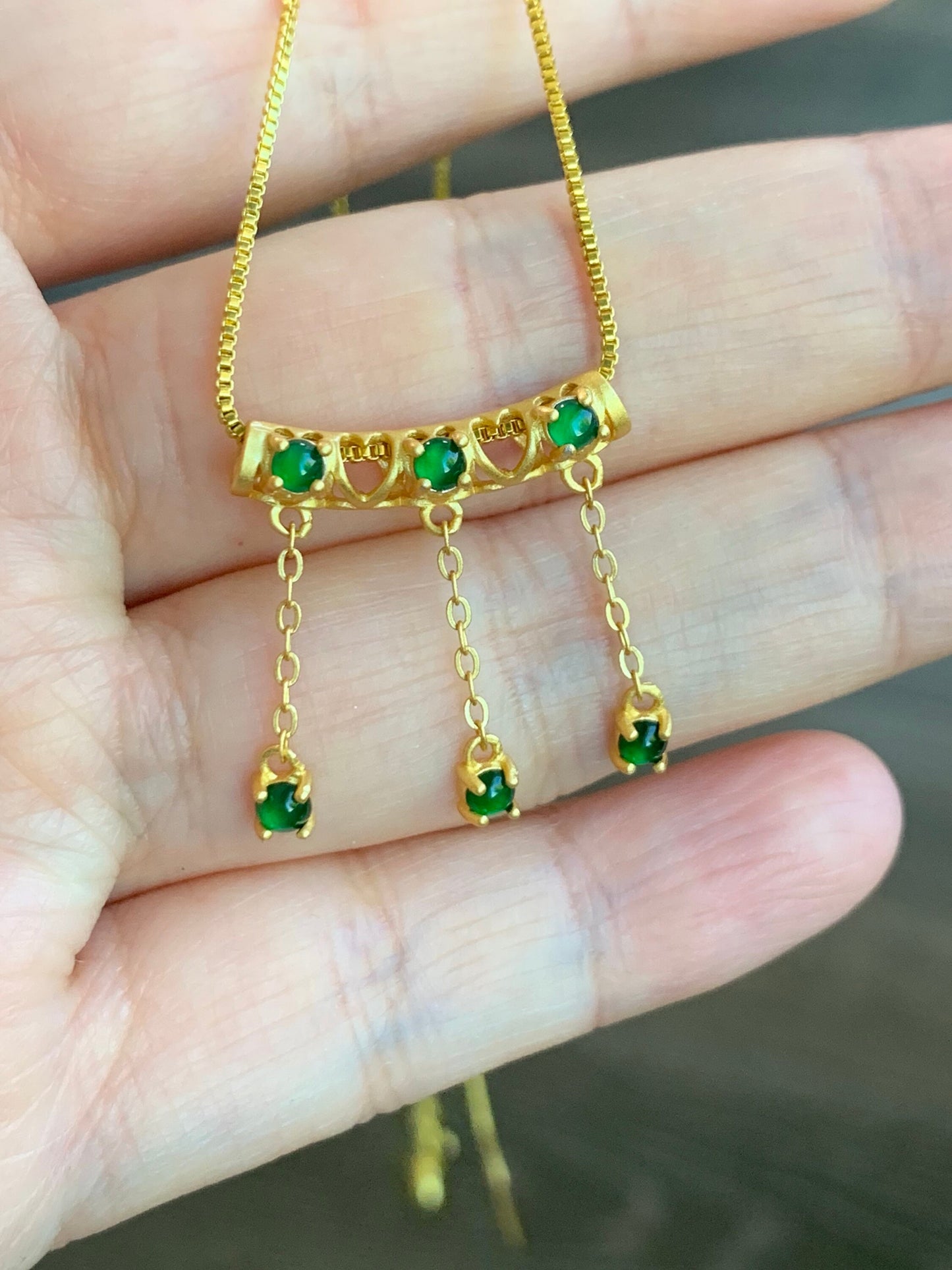Natural Guatemalan Premium Vibrant Green Jadeite Dangle Pendant S925 Silver Yellow Gold Finish w/ Chain 天然高冰危绿翡翠流苏吊坠套链
