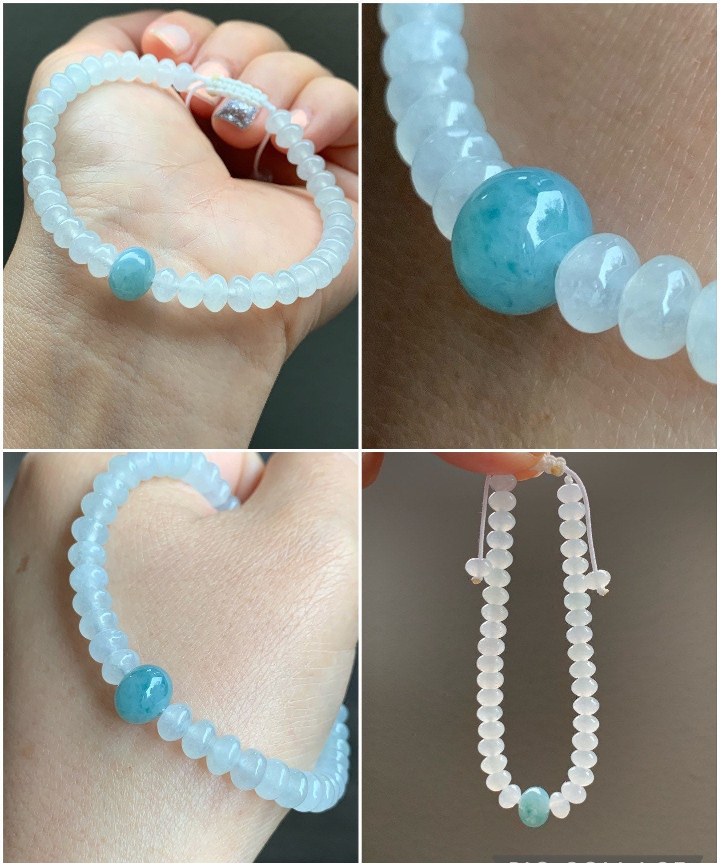 Premium Burmese Natural Icy Highly Translucent White Jadeite & Bright Blue Drum Beads Beaded Bracelet 6.75” 天然缅甸白冰翡翠牛仔蓝翡翠鼓珠手串