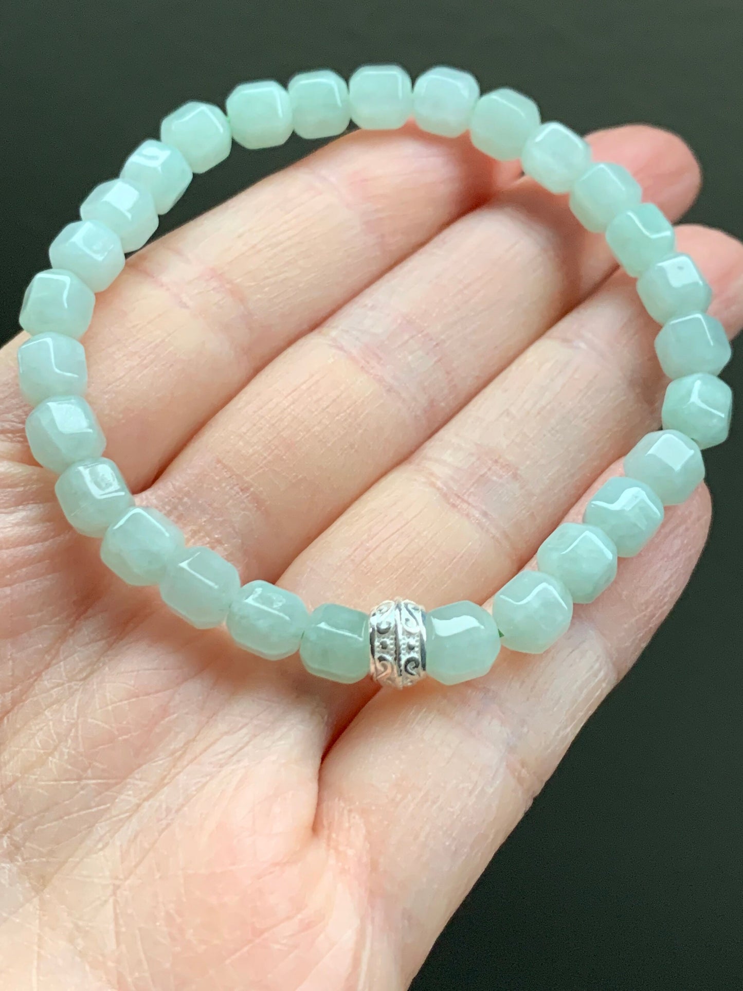 Natural Burmese Translucent Light Green Jadeite Hexagonal Beads S925 Silver Bead Beaded Bracelet Stretchy 7” 天然缅甸晴色翡翠六棱珠银珠手串
