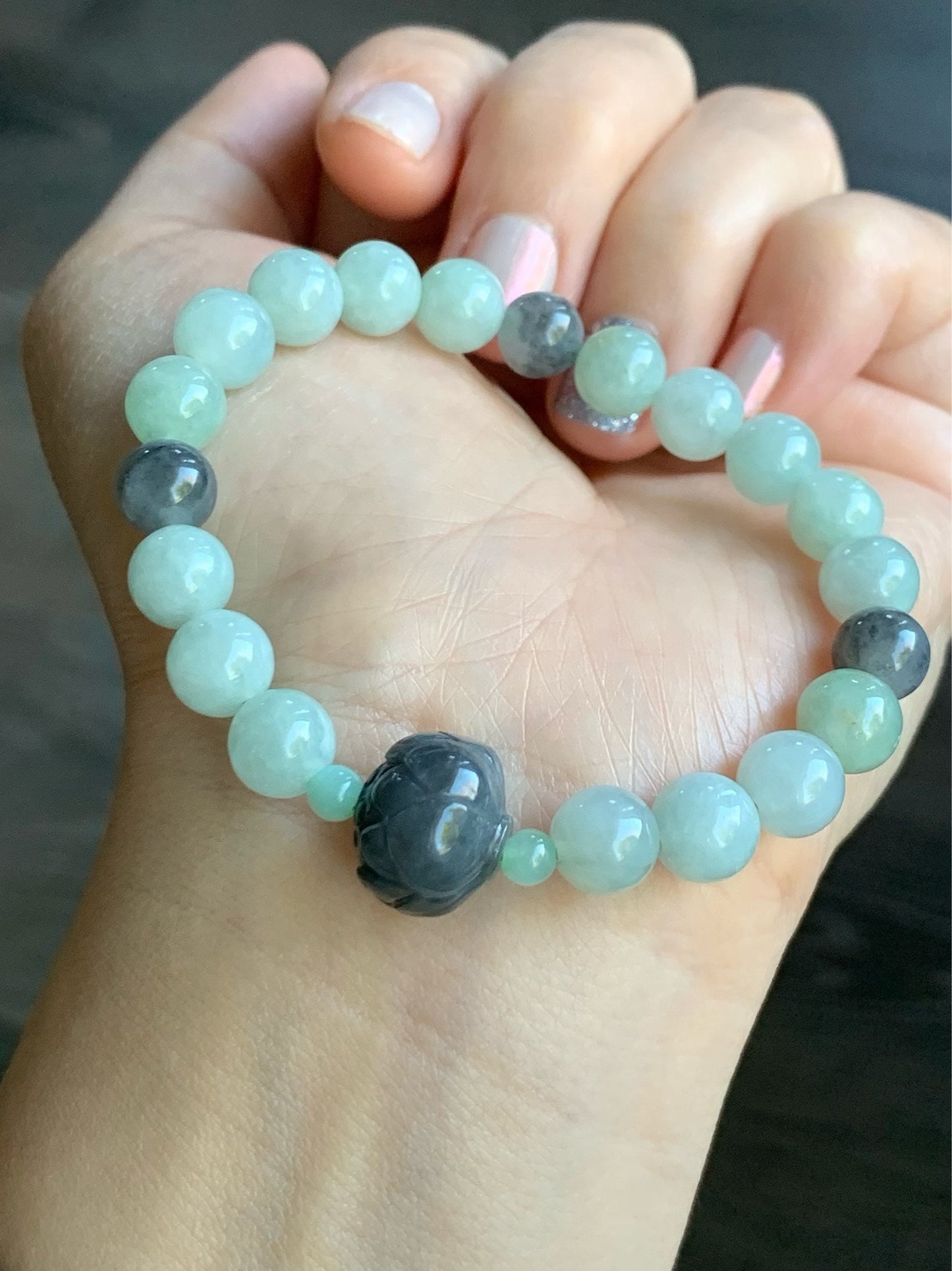 Burmese Natural Translucent Light Green & Icy Wuji Jadeite Beads Carved Wuji Jadeite Lotus Flower Beaded Bracelet 6.25” 天然缅甸淡晴底冰乌鸡翡翠莲花珠手串