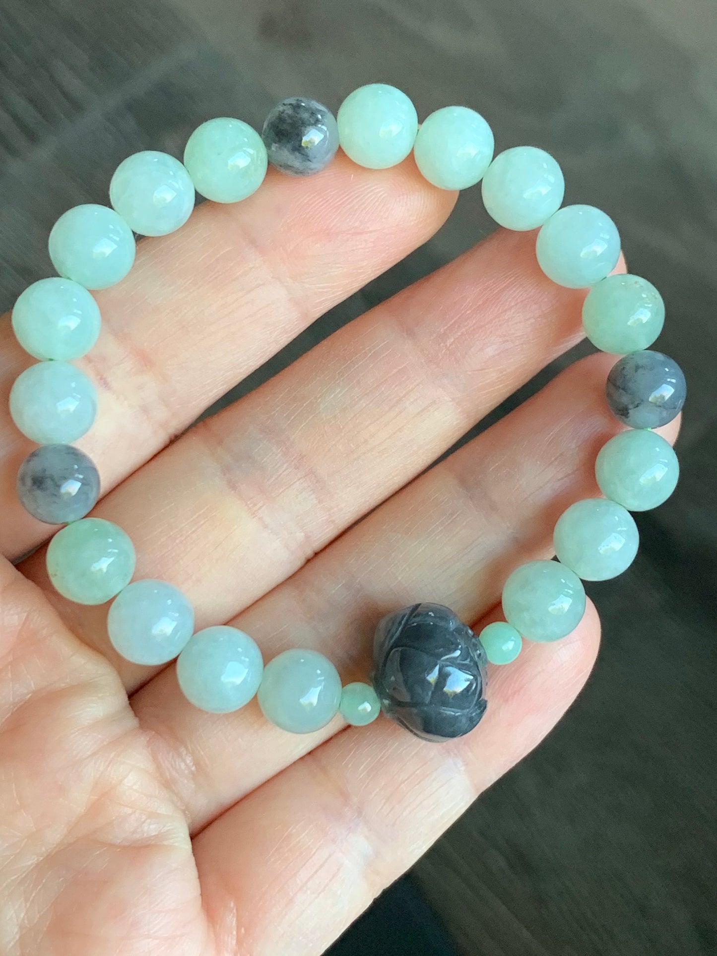 Burmese Natural Translucent Light Green & Icy Wuji Jadeite Beads Carved Wuji Jadeite Lotus Flower Beaded Bracelet 6.25” 天然缅甸淡晴底冰乌鸡翡翠莲花珠手串