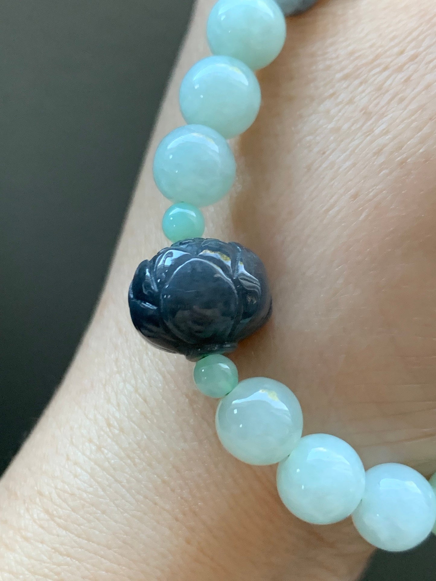 Burmese Natural Translucent Light Green & Icy Wuji Jadeite Beads Carved Wuji Jadeite Lotus Flower Beaded Bracelet 6.25” 天然缅甸淡晴底冰乌鸡翡翠莲花珠手串