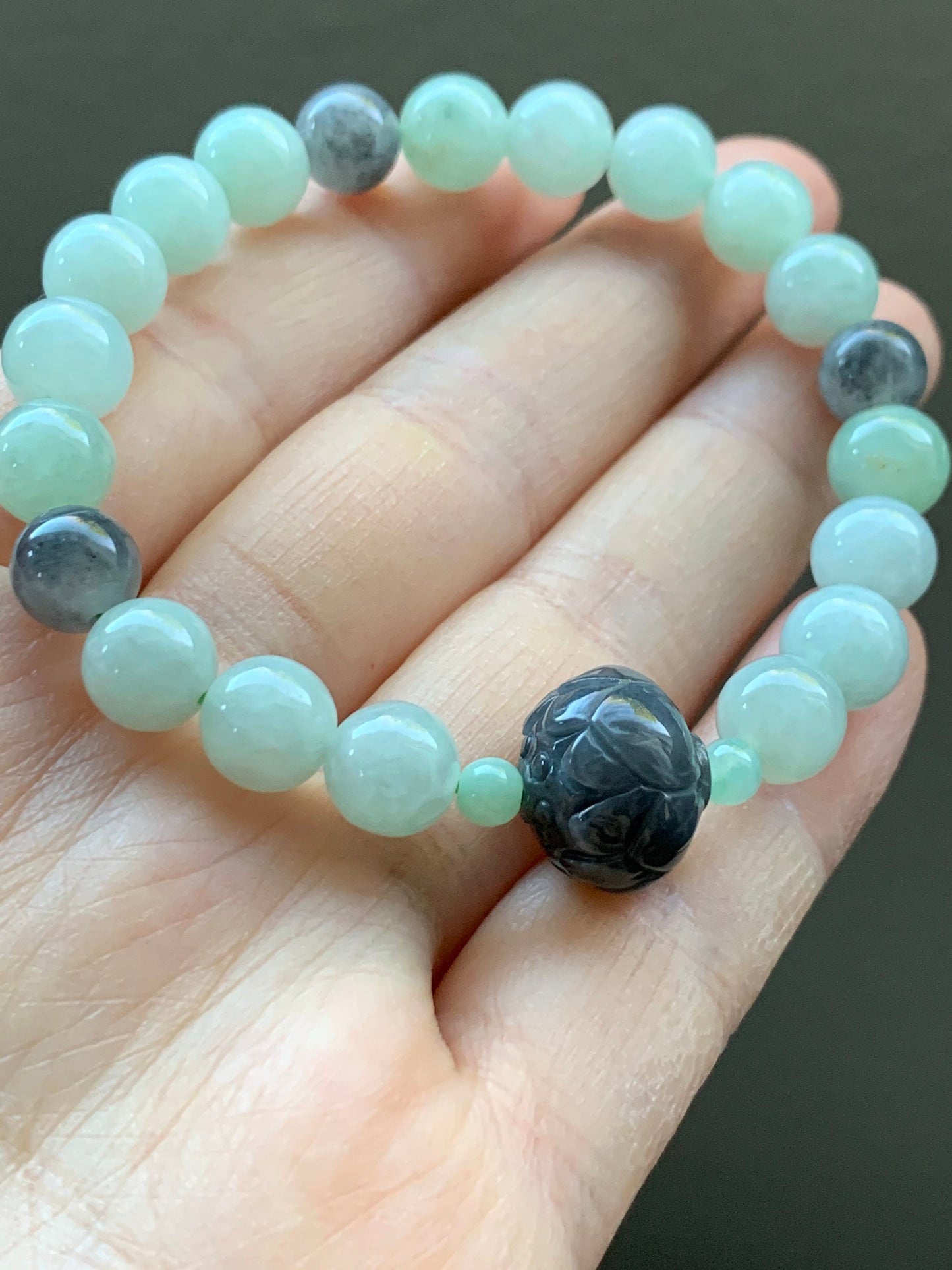 Burmese Natural Translucent Light Green & Icy Wuji Jadeite Beads Carved Wuji Jadeite Lotus Flower Beaded Bracelet 6.25” 天然缅甸淡晴底冰乌鸡翡翠莲花珠手串
