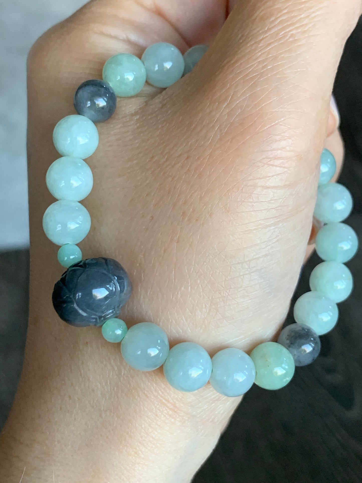 Burmese Natural Translucent Light Green & Icy Wuji Jadeite Beads Carved Wuji Jadeite Lotus Flower Beaded Bracelet 6.25” 天然缅甸淡晴底冰乌鸡翡翠莲花珠手串