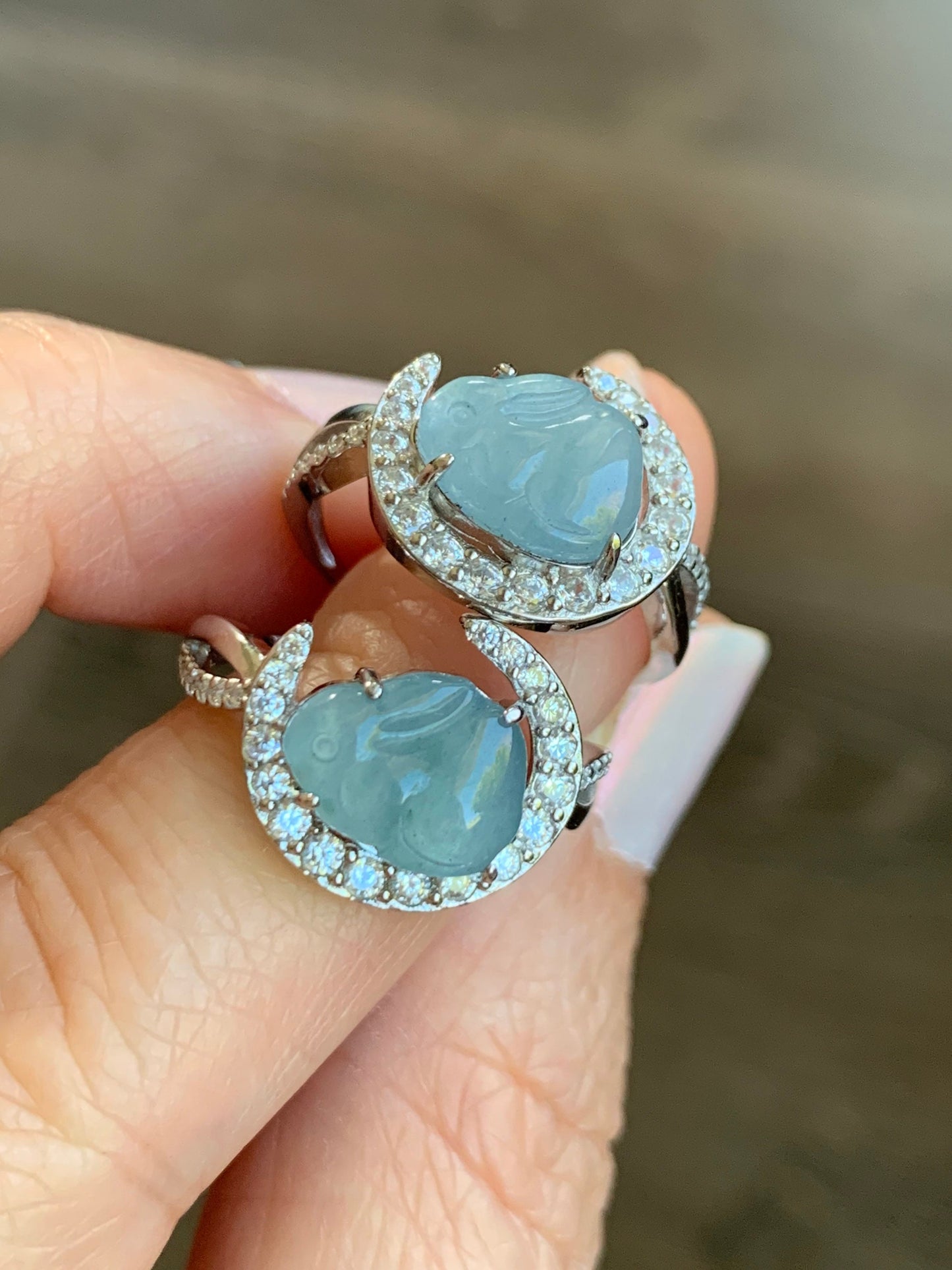 Natural Guatemalan Icy Translucent Sky Blue Jadeite Carved Bunny Rabbit Solitaire Ring Sterling Silver Adjustable Size 天然冰危天空蓝翡翠小兔银镶戒指 WXT