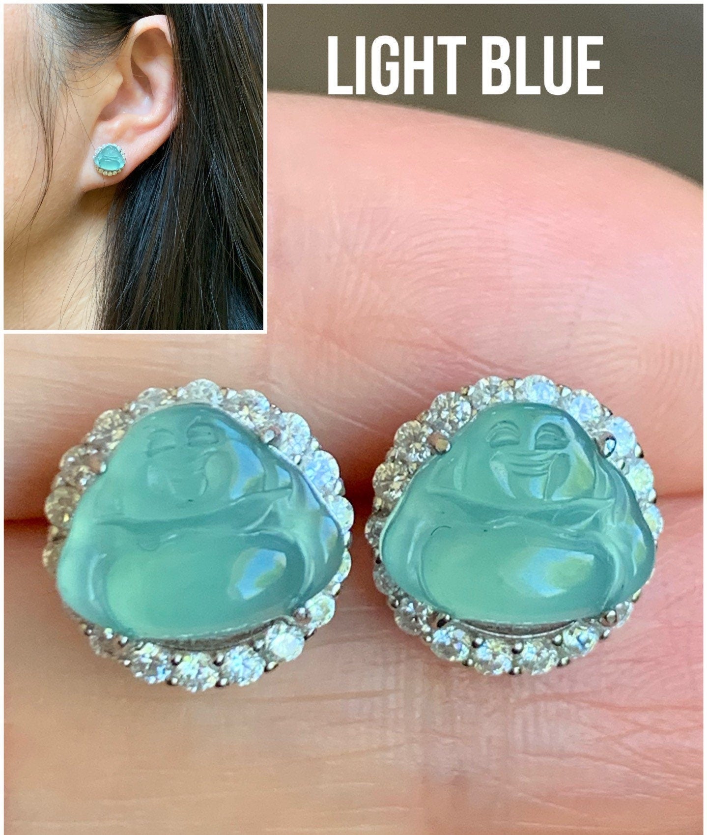 Natural Guatemalan Grade A Icy Translucent Jadeite Carved Buddha Stud Earrings S925 Silver 天然冰危翡翠佛公银耳钉