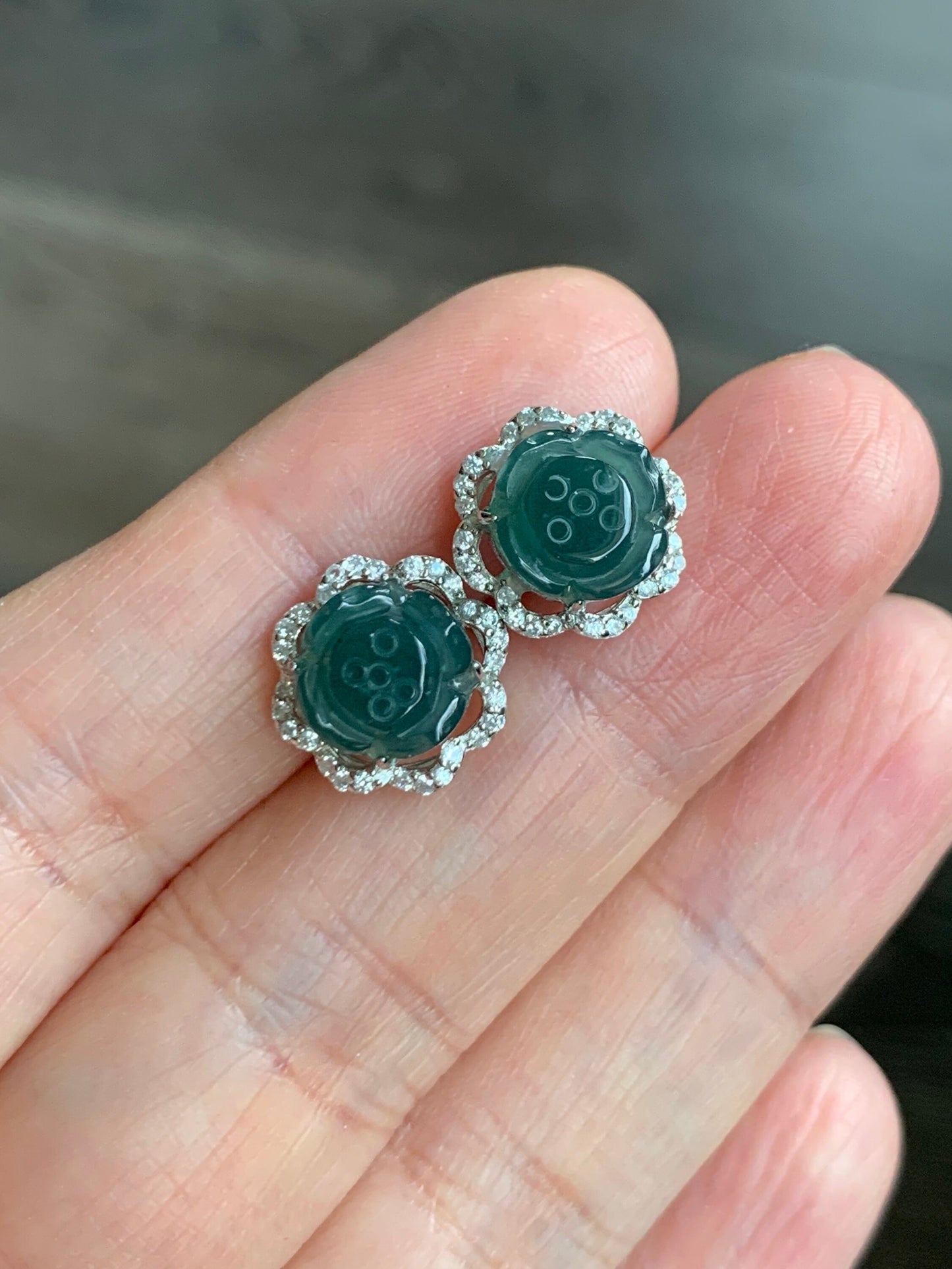 Natural Guatemalan Grade A Icy Translucent Dark Teal Blue Jadeite Carved Lotus Flower Stud Earrings S925 Silver 天然冰危蓝翡翠莲花银耳钉