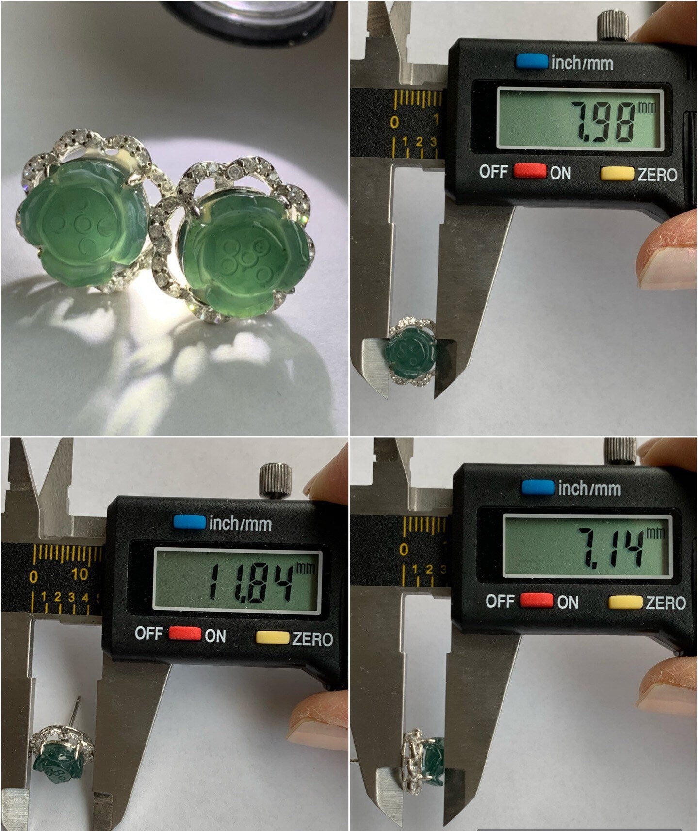 Natural Guatemalan Grade A Icy Translucent Dark Teal Blue Jadeite Carved Lotus Flower Stud Earrings S925 Silver 天然冰危蓝翡翠莲花银耳钉