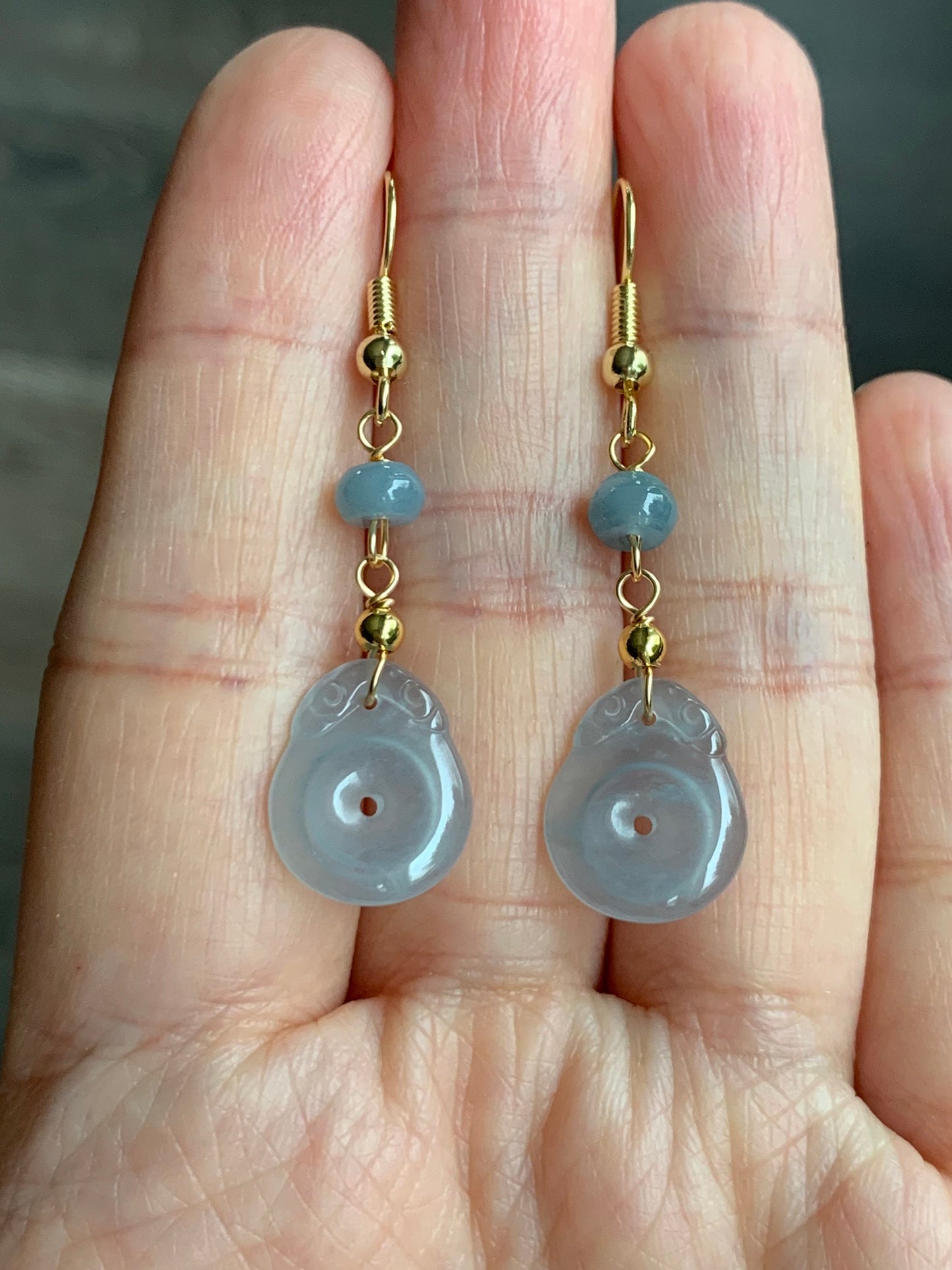 Natural Guatemalan Highly Translucent Light Sky Blue Jadeite Donut Ping An Kou Earrings 14K yellow gold plated 天然冰危蓝翡翠平安扣包金耳吊