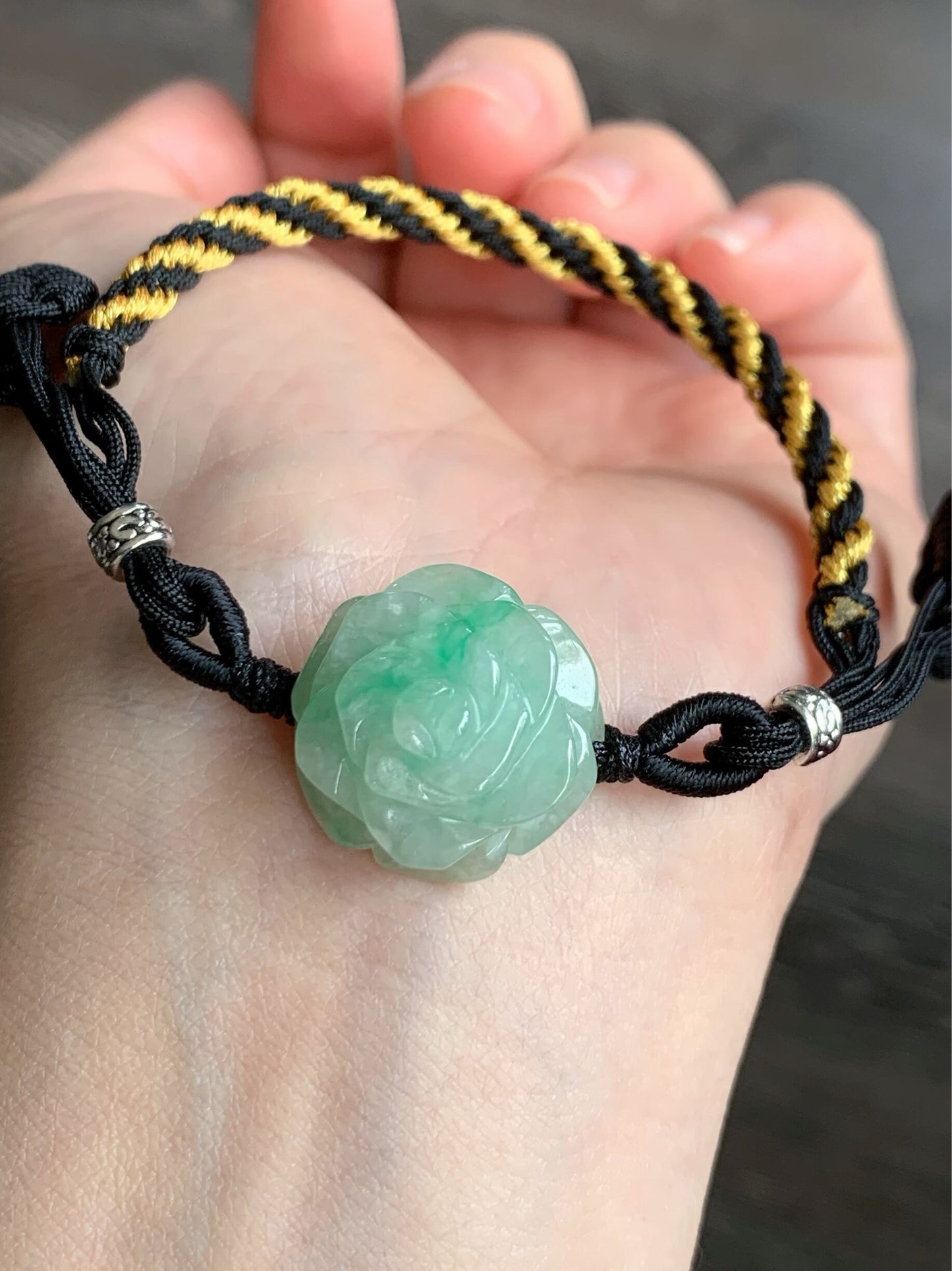 Natural Burmese Icy Translucent & Gelatinous Green Marbled Jadeite Carved Rose Flower Rope Bracelet Adjustable 6"-8.5” 天然缅甸冰绿飘花翡翠玫瑰花手绳