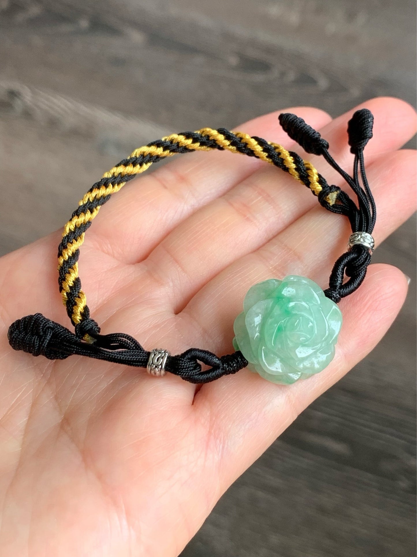 Natural Burmese Icy Translucent & Gelatinous Green Marbled Jadeite Carved Rose Flower Rope Bracelet Adjustable 6"-8.5” 天然缅甸冰绿飘花翡翠玫瑰花手绳