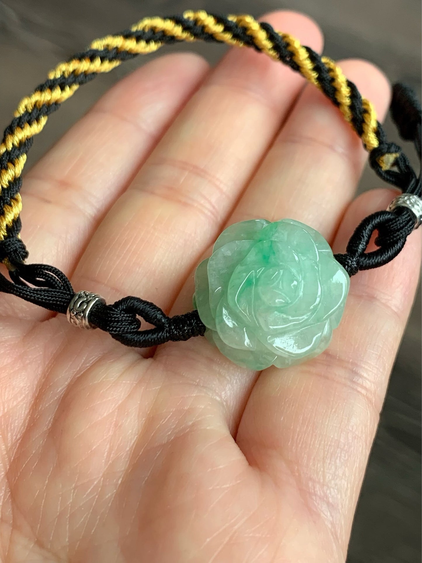 Natural Burmese Icy Translucent & Gelatinous Green Marbled Jadeite Carved Rose Flower Rope Bracelet Adjustable 6"-8.5” 天然缅甸冰绿飘花翡翠玫瑰花手绳