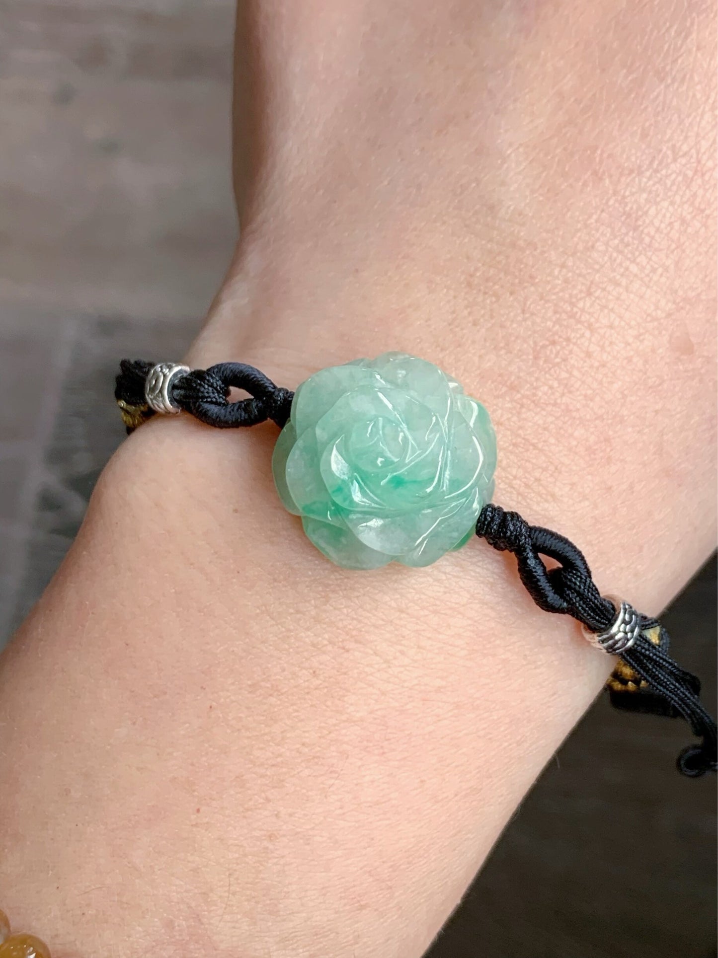 Natural Burmese Icy Translucent & Gelatinous Green Marbled Jadeite Carved Rose Flower Rope Bracelet Adjustable 6"-8.5” 天然缅甸冰绿飘花翡翠玫瑰花手绳