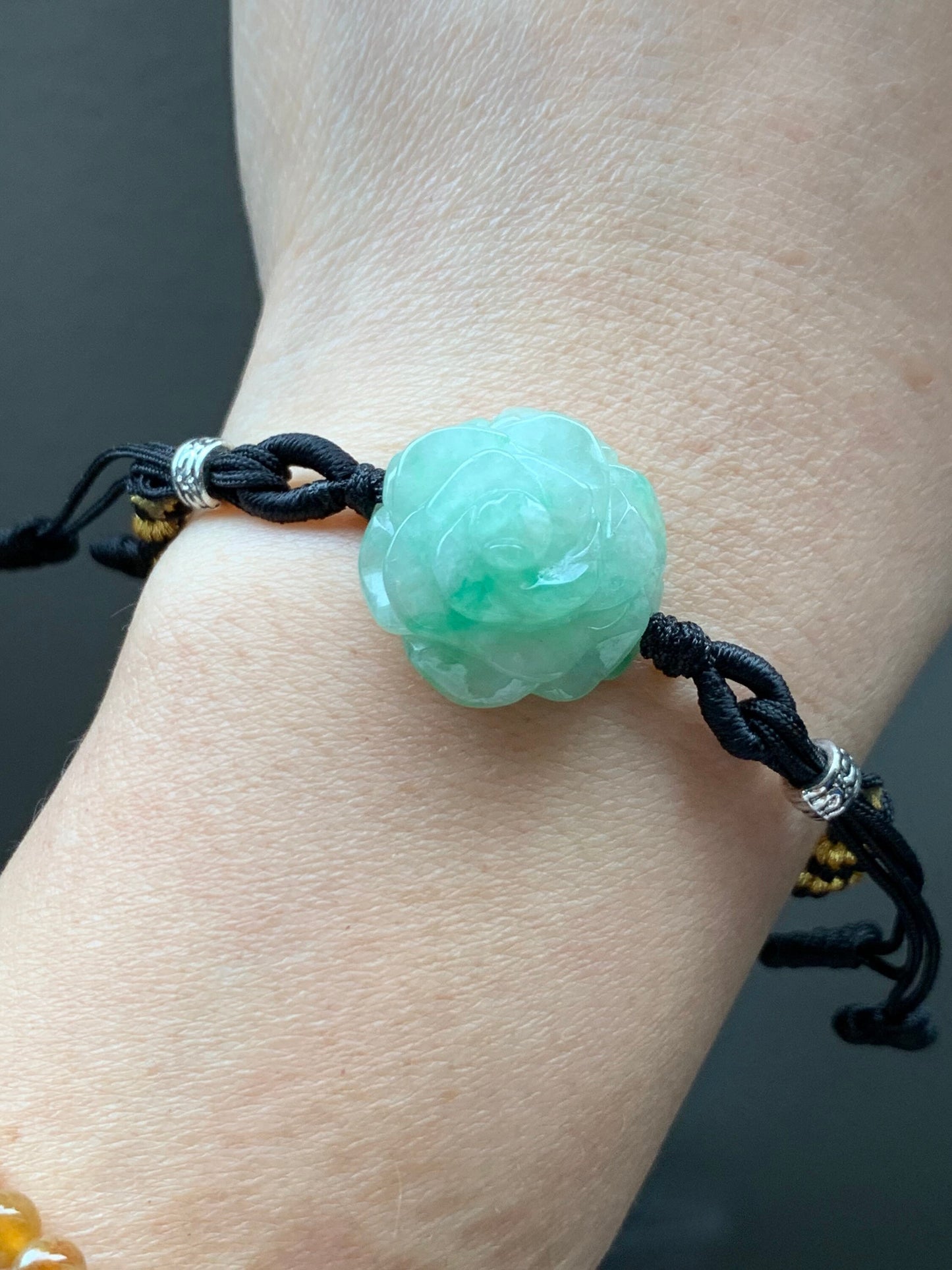 Natural Burmese Icy Translucent & Gelatinous Green Marbled Jadeite Carved Rose Flower Rope Bracelet Adjustable 6"-8.5” 天然缅甸冰绿飘花翡翠玫瑰花手绳