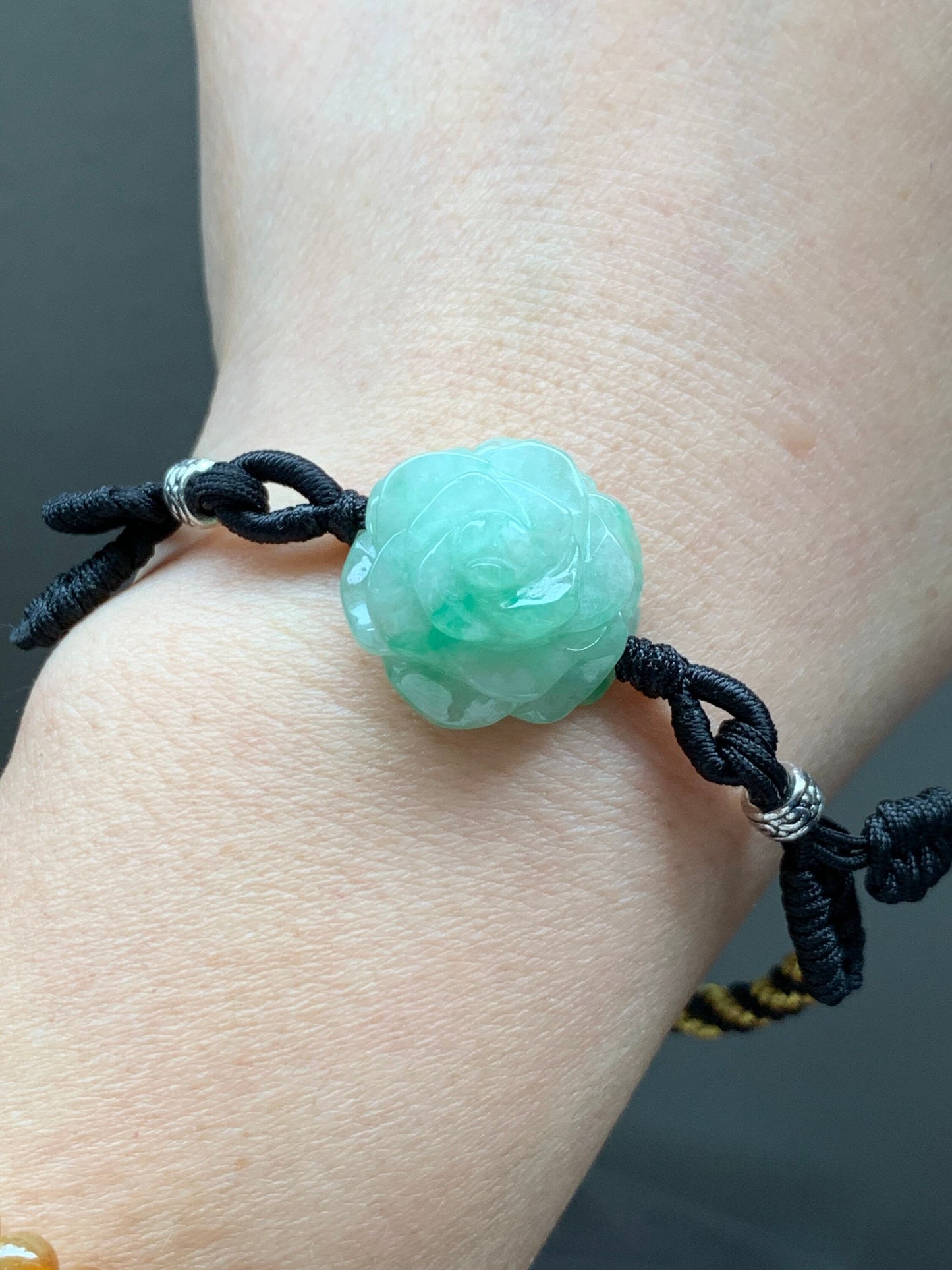 Natural Burmese Icy Translucent & Gelatinous Green Marbled Jadeite Carved Rose Flower Rope Bracelet Adjustable 6"-8.5” 天然缅甸冰绿飘花翡翠玫瑰花手绳