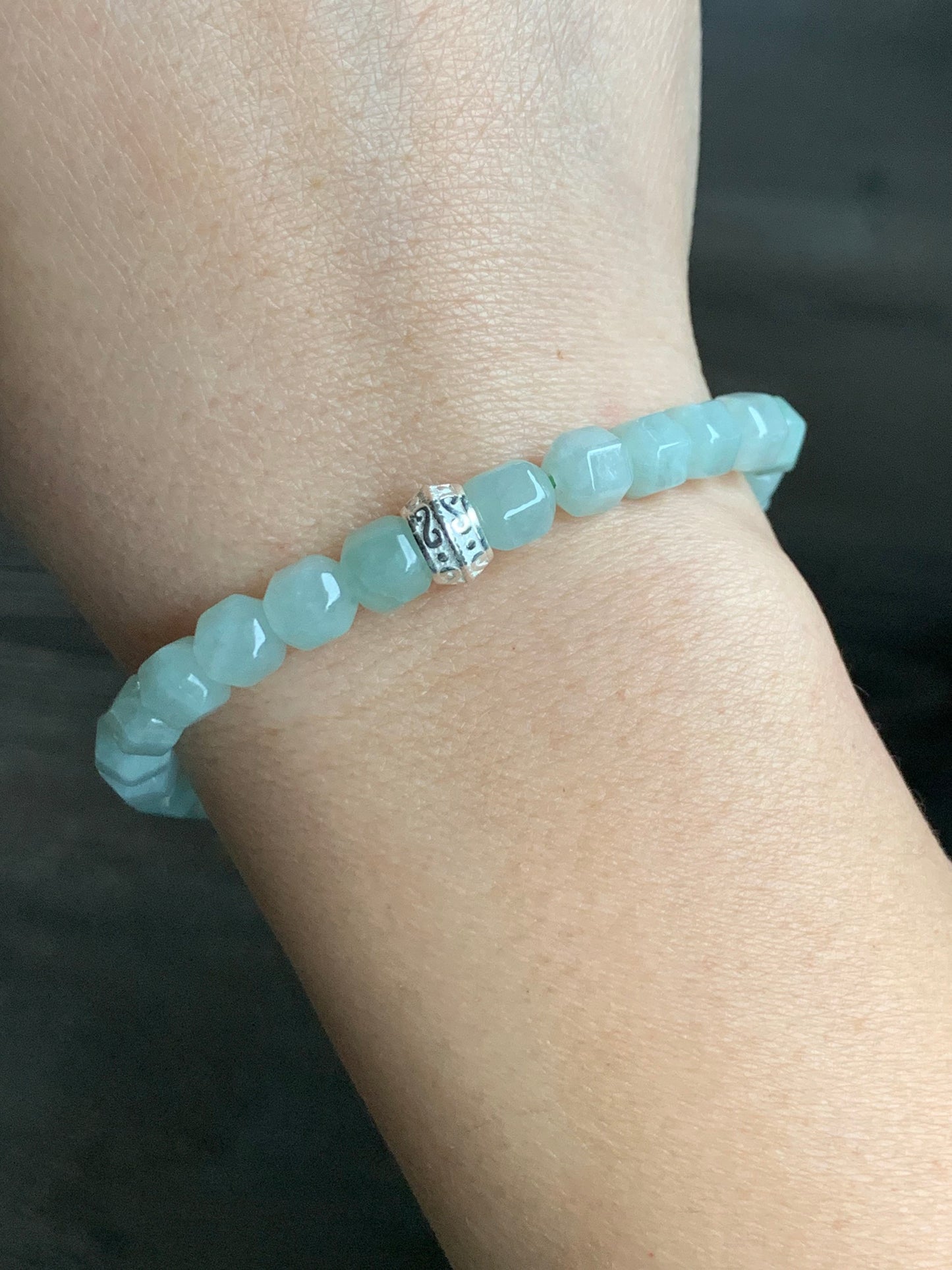 Natural Burmese Translucent Light Green Jadeite Hexagonal Beads S925 Silver Bead Beaded Bracelet Stretchy 7” 天然缅甸晴色翡翠六棱珠银珠手串
