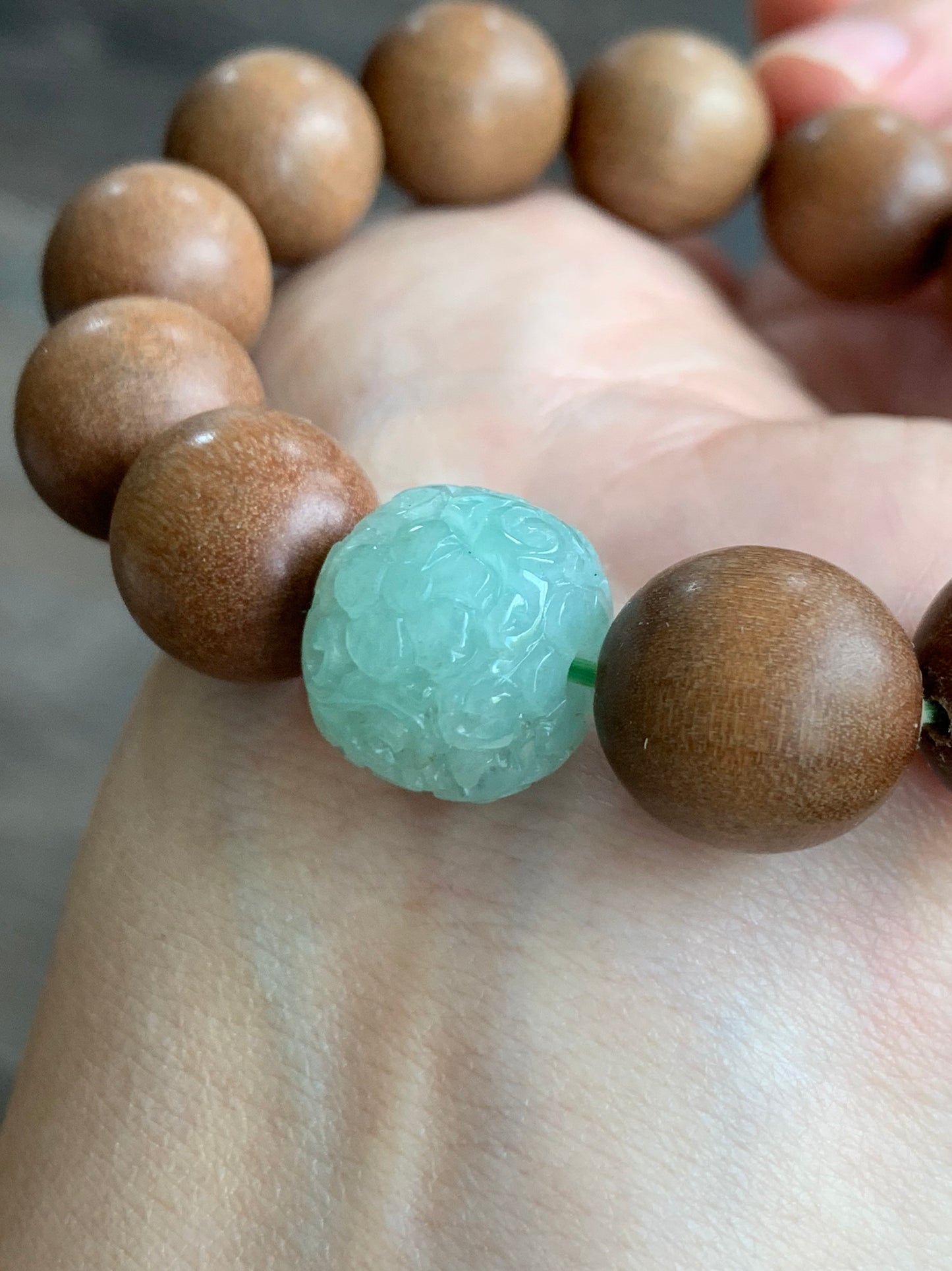 Natural Chandan Sandalwood Beads & Natural Burmese Translucent Icy Apple Green Jadeite Engraved Drum Bead Bracelet 7.75” 老山檀木珠天然缅甸冰果绿翡翠鼓珠手串