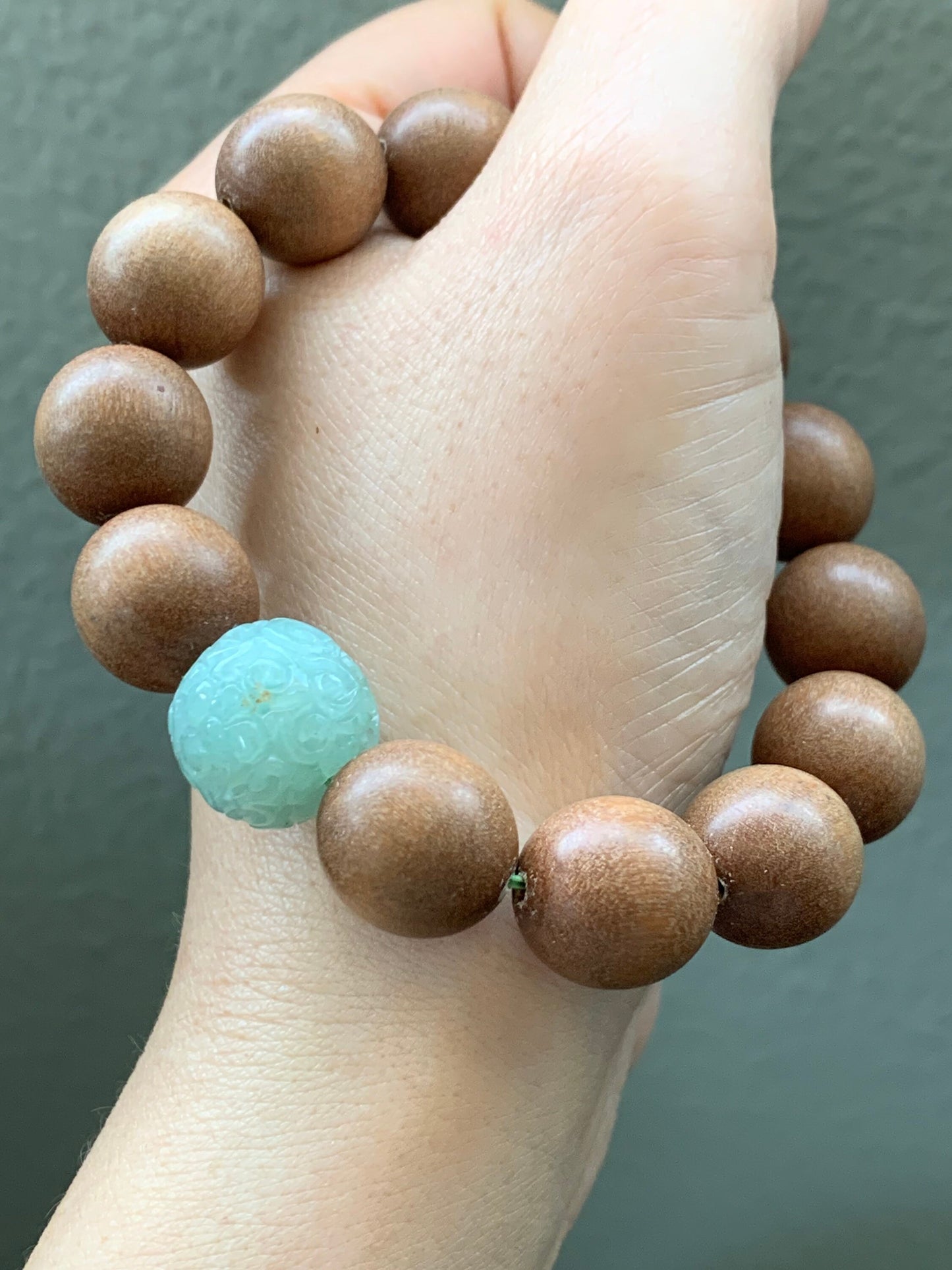 Natural Chandan Sandalwood Beads & Natural Burmese Translucent Icy Apple Green Jadeite Engraved Drum Bead Bracelet 7.75” 老山檀木珠天然缅甸冰果绿翡翠鼓珠手串