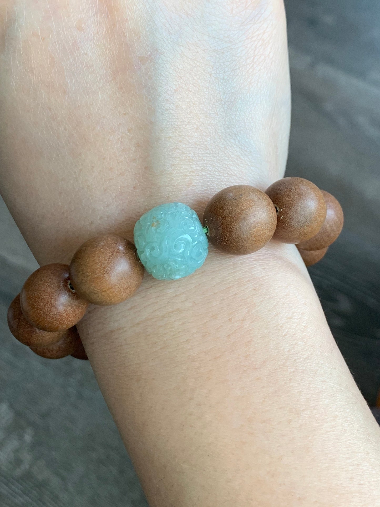 Natural Chandan Sandalwood Beads & Natural Burmese Translucent Icy Apple Green Jadeite Engraved Drum Bead Bracelet 7.75” 老山檀木珠天然缅甸冰果绿翡翠鼓珠手串