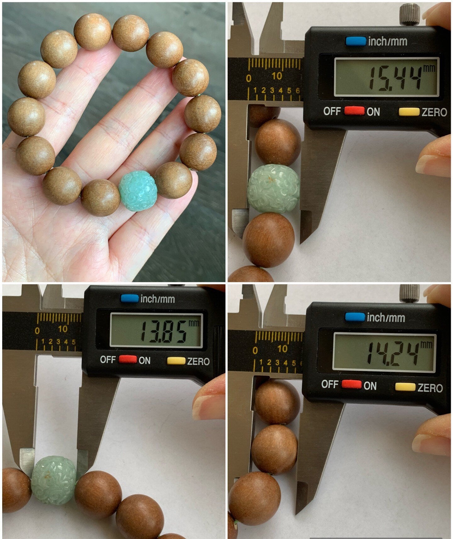 Natural Chandan Sandalwood Beads & Natural Burmese Translucent Icy Apple Green Jadeite Engraved Drum Bead Bracelet 7.75” 老山檀木珠天然缅甸冰果绿翡翠鼓珠手串