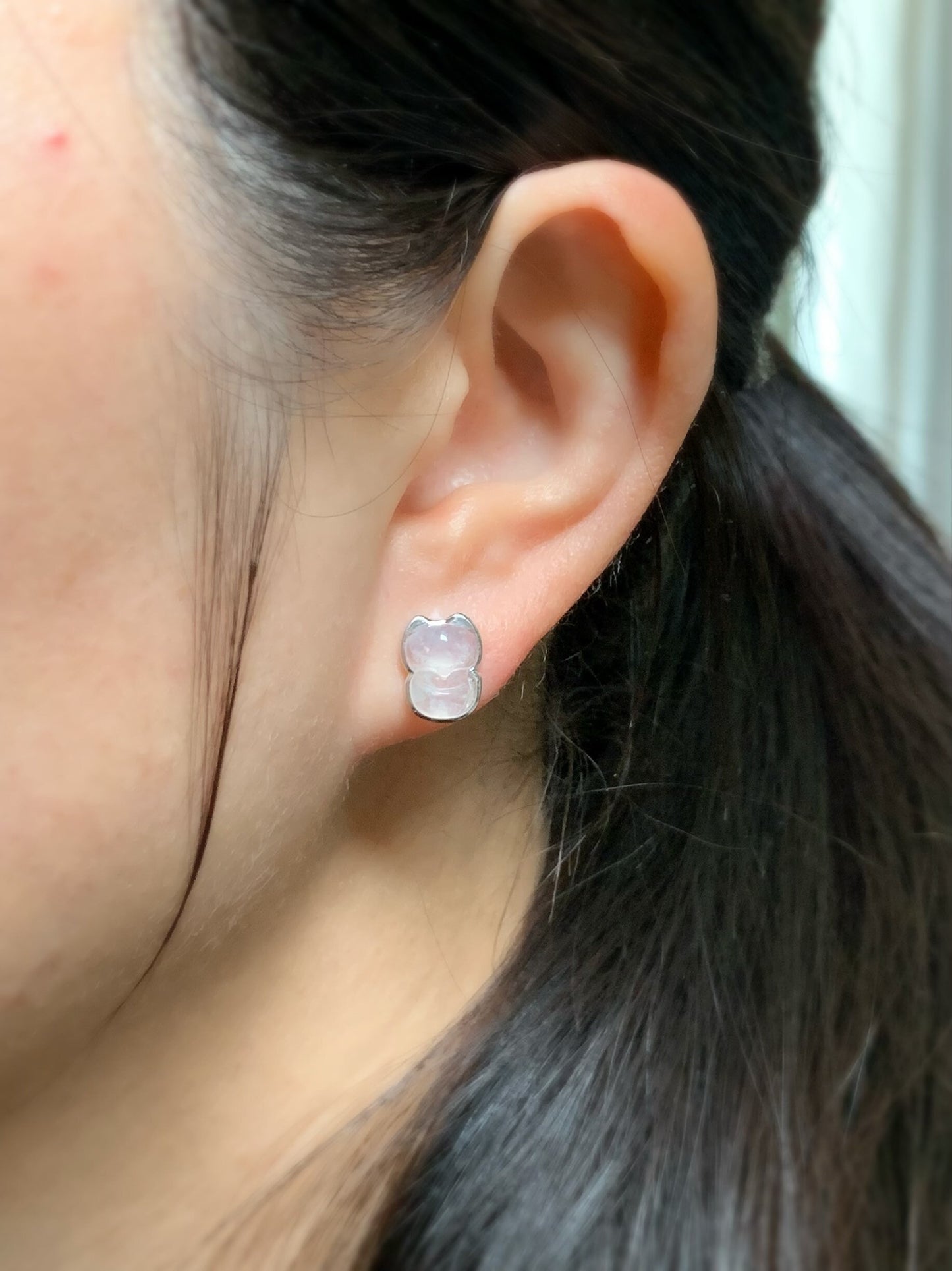 Certified Burmese Natural Premium Icy Highly Translucent Jadeite Carved Fox Stud Earrings 18K White Gold 天然缅甸白冰起光翡翠狐狸镶嵌耳钉