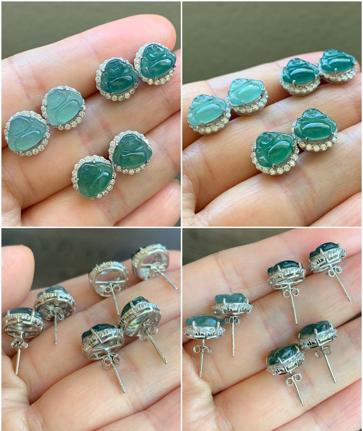 Natural Guatemalan Grade A Icy Translucent Jadeite Carved Buddha Stud Earrings S925 Silver 天然冰危翡翠佛公银耳钉