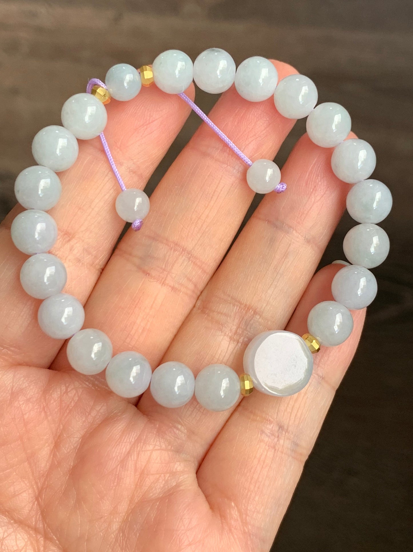 Burmese Natural Translucent Jadeite Round Beads and Coin Bead Beaded Bracelet 6.75” 天然缅甸翡翠圆珠圆无事牌手串
