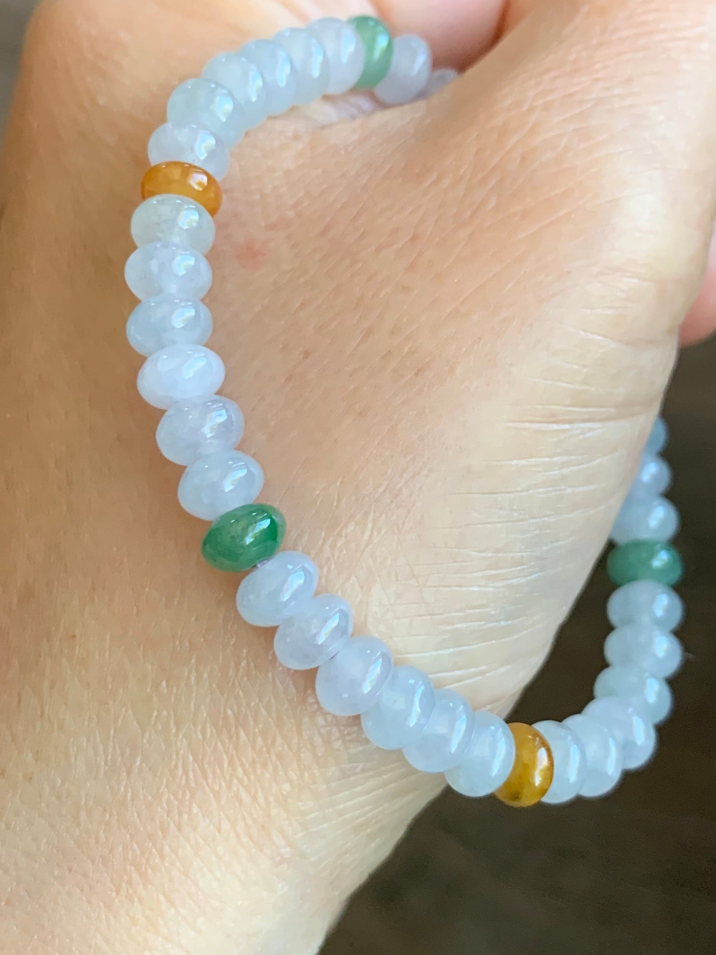 Burmese Natural Premium Icy translucent Multi-Colored Jadeite Drum Beads Beaded Bracelet 6.1mm 6.25” 天然缅甸起冰起光多宝翡翠鼓珠手串 ZXG131