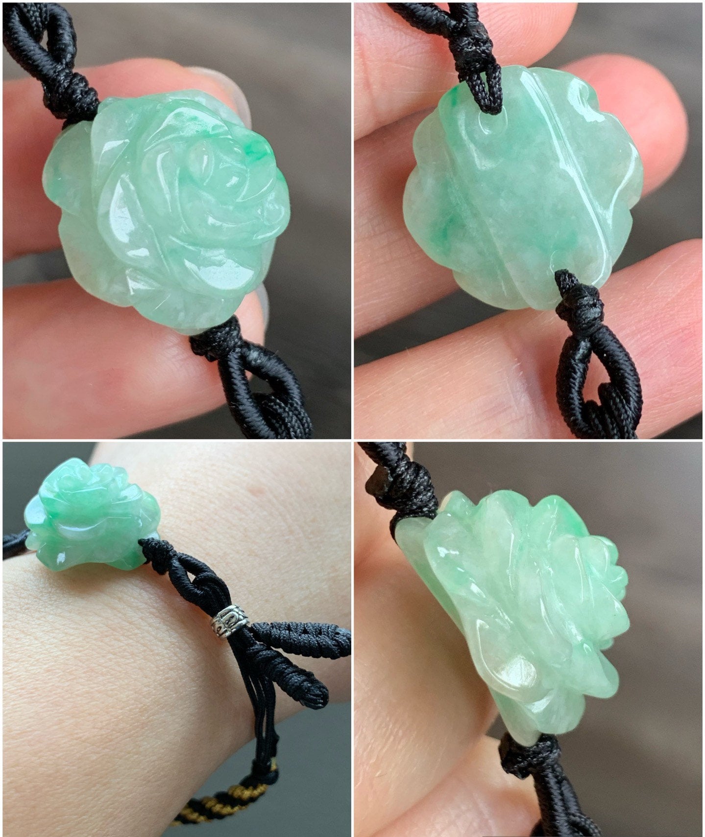 Natural Burmese Icy Translucent & Gelatinous Green Marbled Jadeite Carved Rose Flower Rope Bracelet Adjustable 6"-8.5” 天然缅甸冰绿飘花翡翠玫瑰花手绳