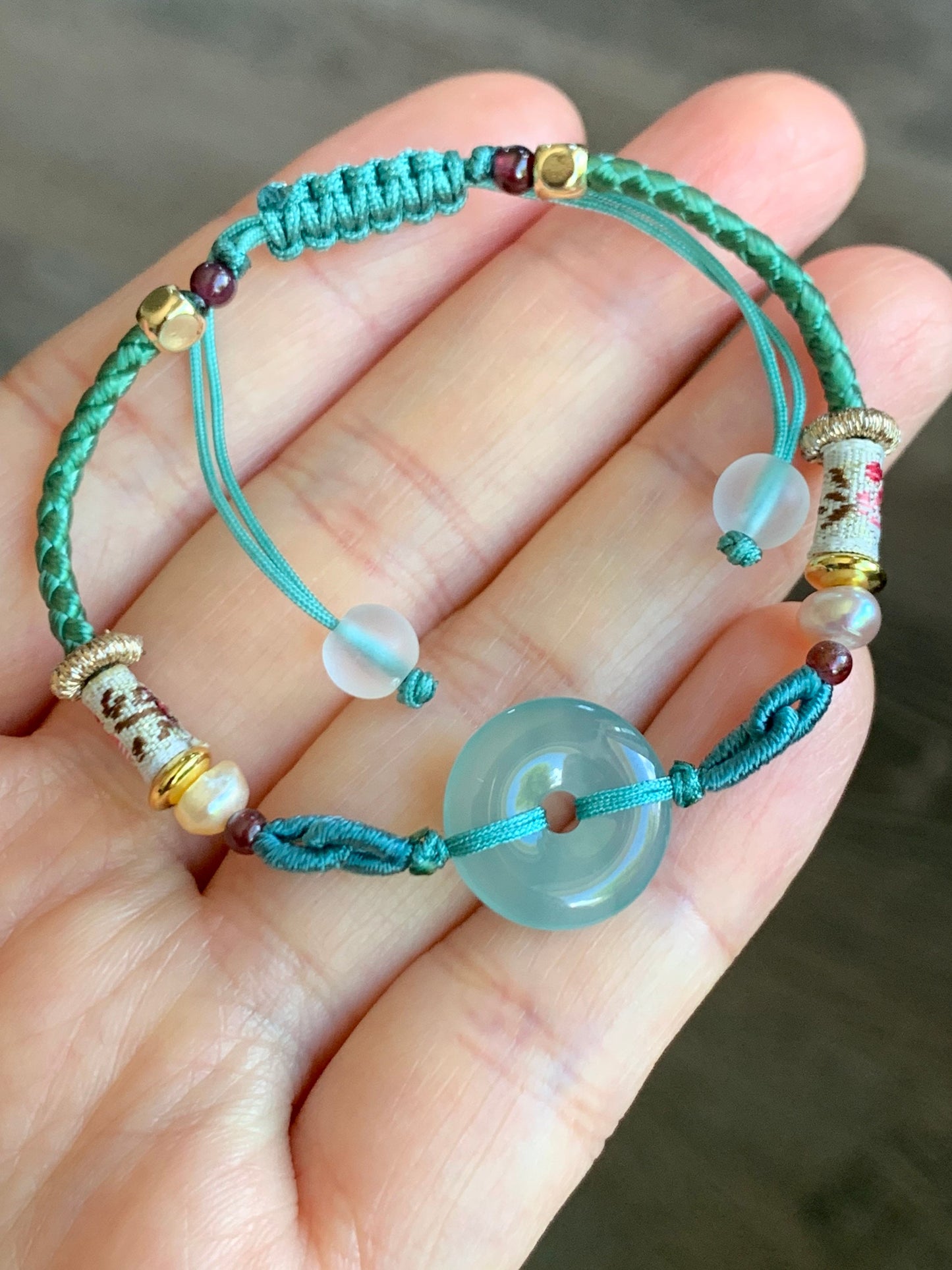 Natural Burmese Icy Highly Translucent Light Green Jadeite Ping An Kou Donut Bead Rope Bracelet Adjustable up to 8.5” 天然缅甸冰胶晴底翡翠平安扣手绳
