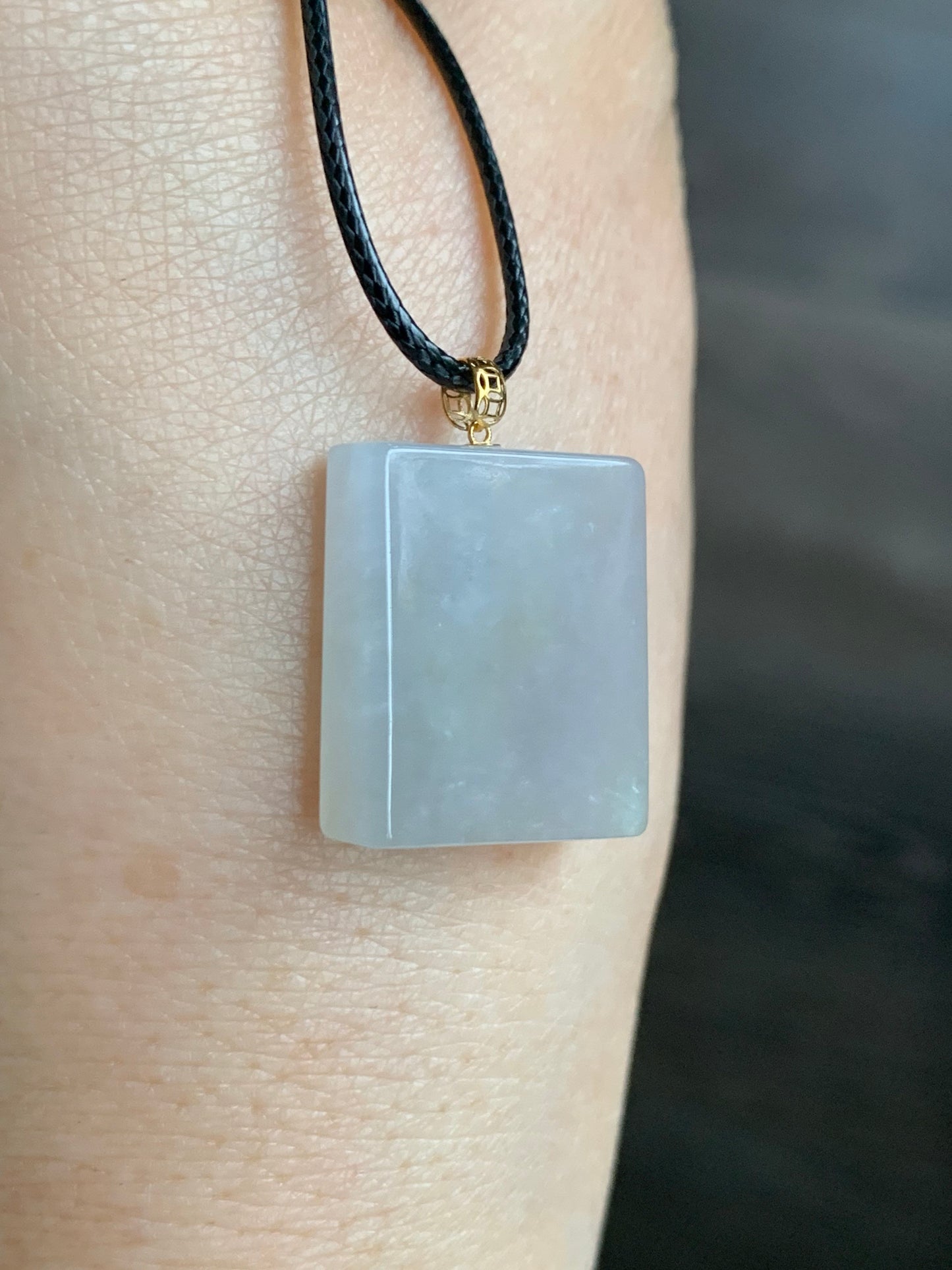 Natural Burmese Icy Translucent Beige Jadeite Rectangle Pendant 18K Yellow Gold 天然缅甸冰糖黄翡翠方牌镶嵌吊坠