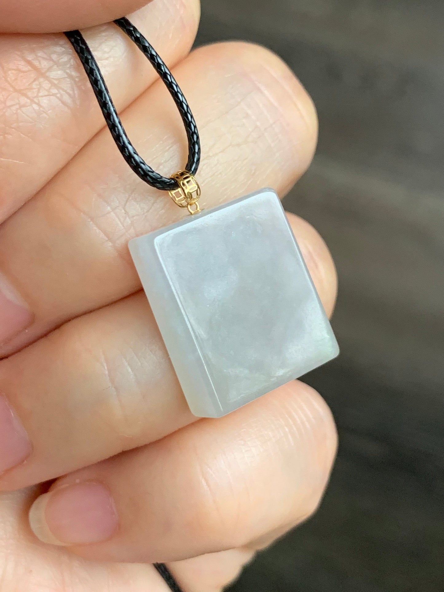 Natural Burmese Icy Translucent Beige Jadeite Rectangle Pendant 18K Yellow Gold 天然缅甸冰糖黄翡翠方牌镶嵌吊坠