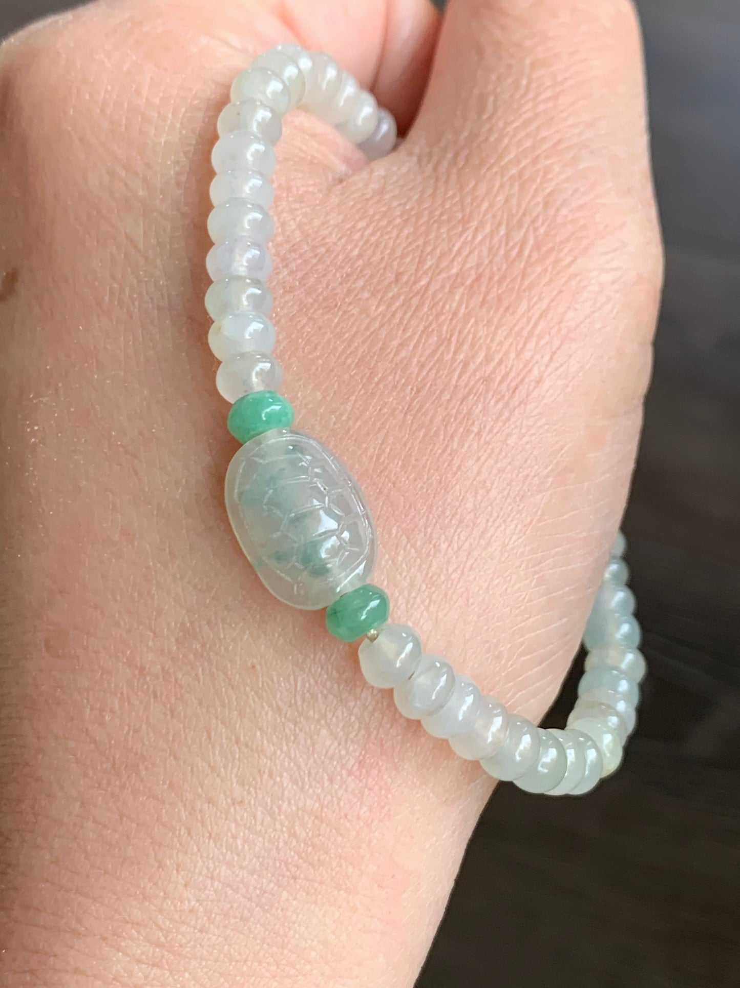 Natural Burmese Icy Highly Translucent Jadeite Flat Beads Carved Green Marbled Jadeite Turtle Shell Beaded Bracelet 7” 天然缅甸冰糖黄翡翠算盘珠飘花富甲手串