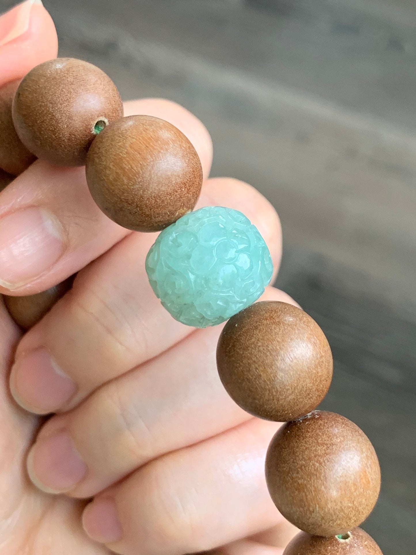 Natural Chandan Sandalwood Beads & Natural Burmese Translucent Icy Apple Green Jadeite Engraved Drum Bead Bracelet 7.75” 老山檀木珠天然缅甸冰果绿翡翠鼓珠手串