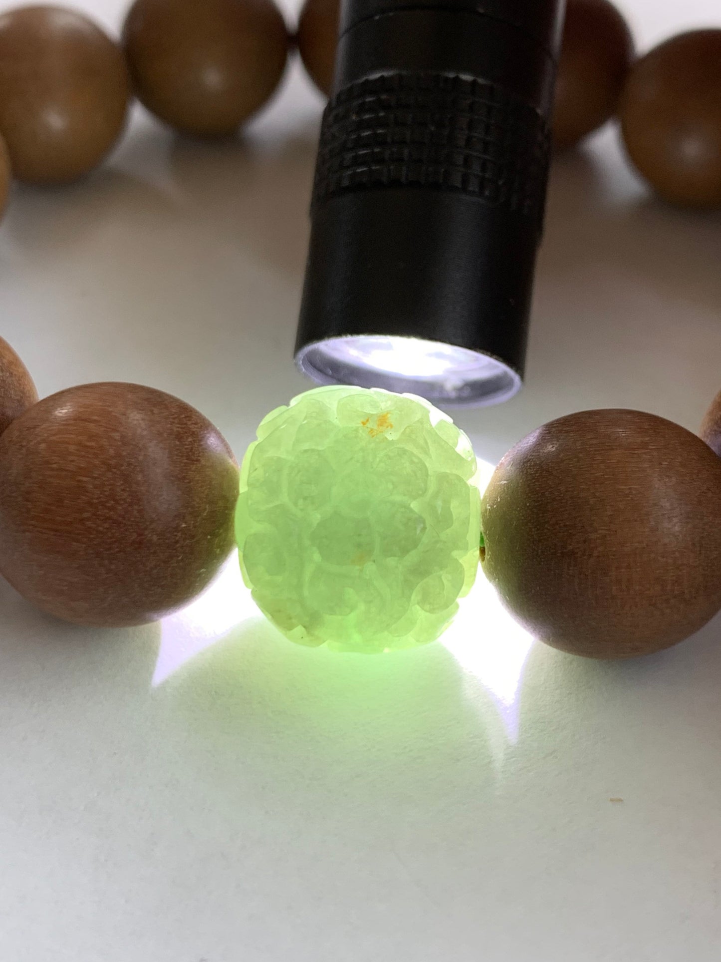Natural Chandan Sandalwood Beads & Natural Burmese Translucent Icy Apple Green Jadeite Engraved Drum Bead Bracelet 7.75” 老山檀木珠天然缅甸冰果绿翡翠鼓珠手串
