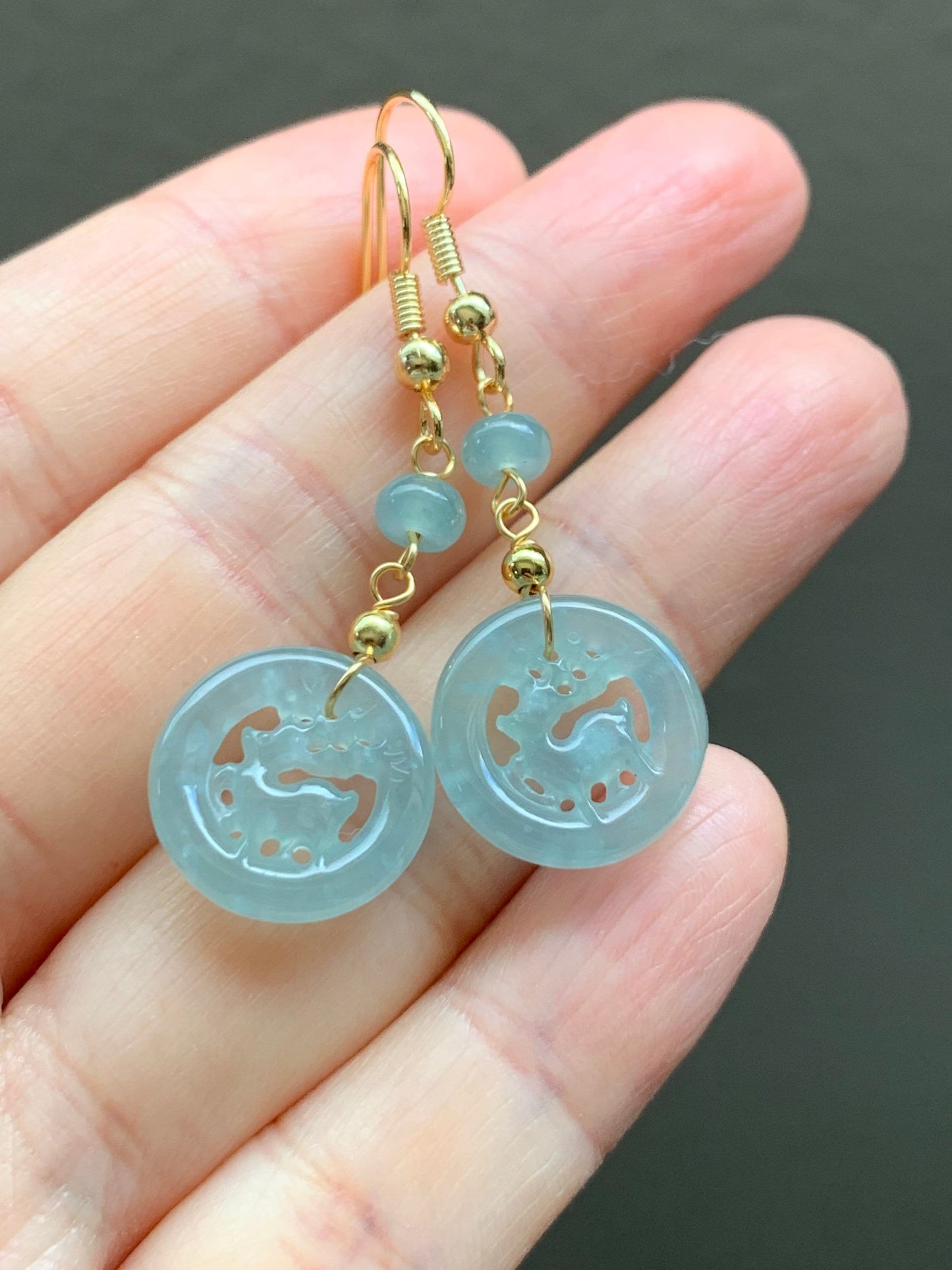 Natural Guatemalan Icy Highly Translucent Blue Jadeite Carved Deer Dangle Earrings / Pendant / Bracelet 14K Gold Plated 天然冰危A货蓝水翡翠双面雕鹿牌
