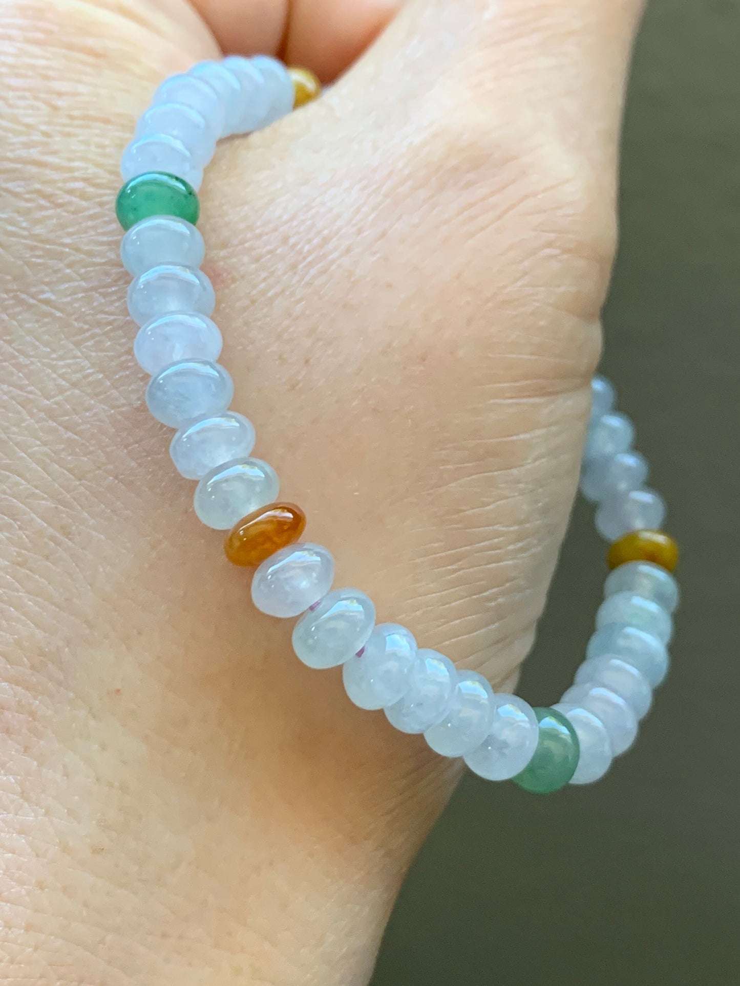 Burmese Natural Premium Icy translucent Multi-Colored Jadeite Drum Beads Beaded Bracelet 6.1mm 6.25” 天然缅甸起冰起光多宝翡翠鼓珠手串 ZXG131