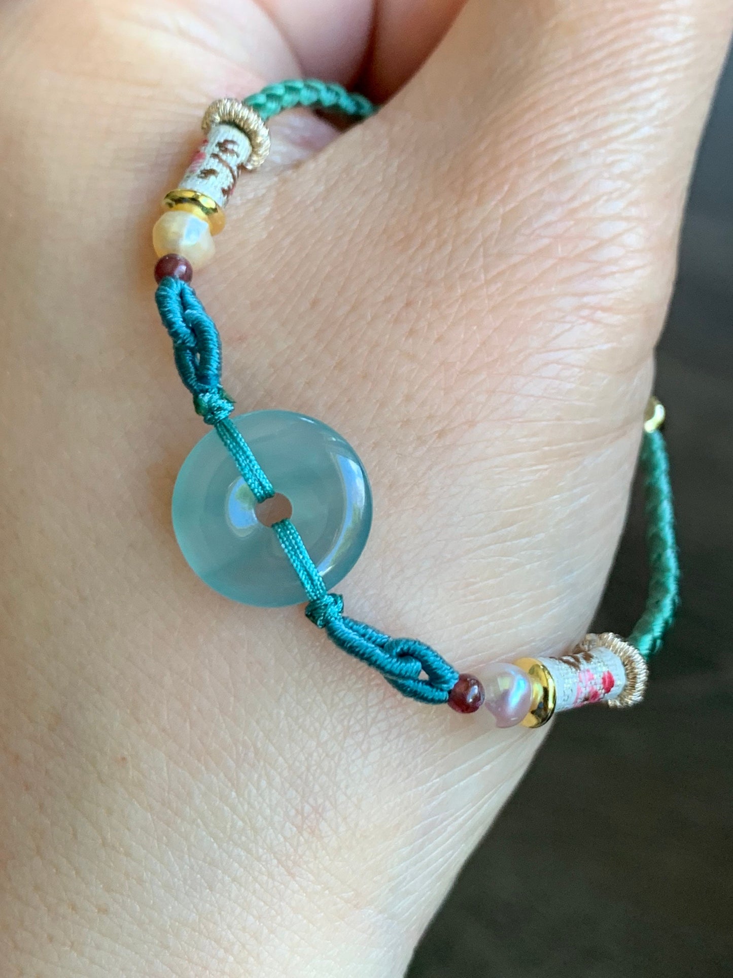 Natural Burmese Icy Highly Translucent Light Green Jadeite Ping An Kou Donut Bead Rope Bracelet Adjustable up to 8.5” 天然缅甸冰胶晴底翡翠平安扣手绳