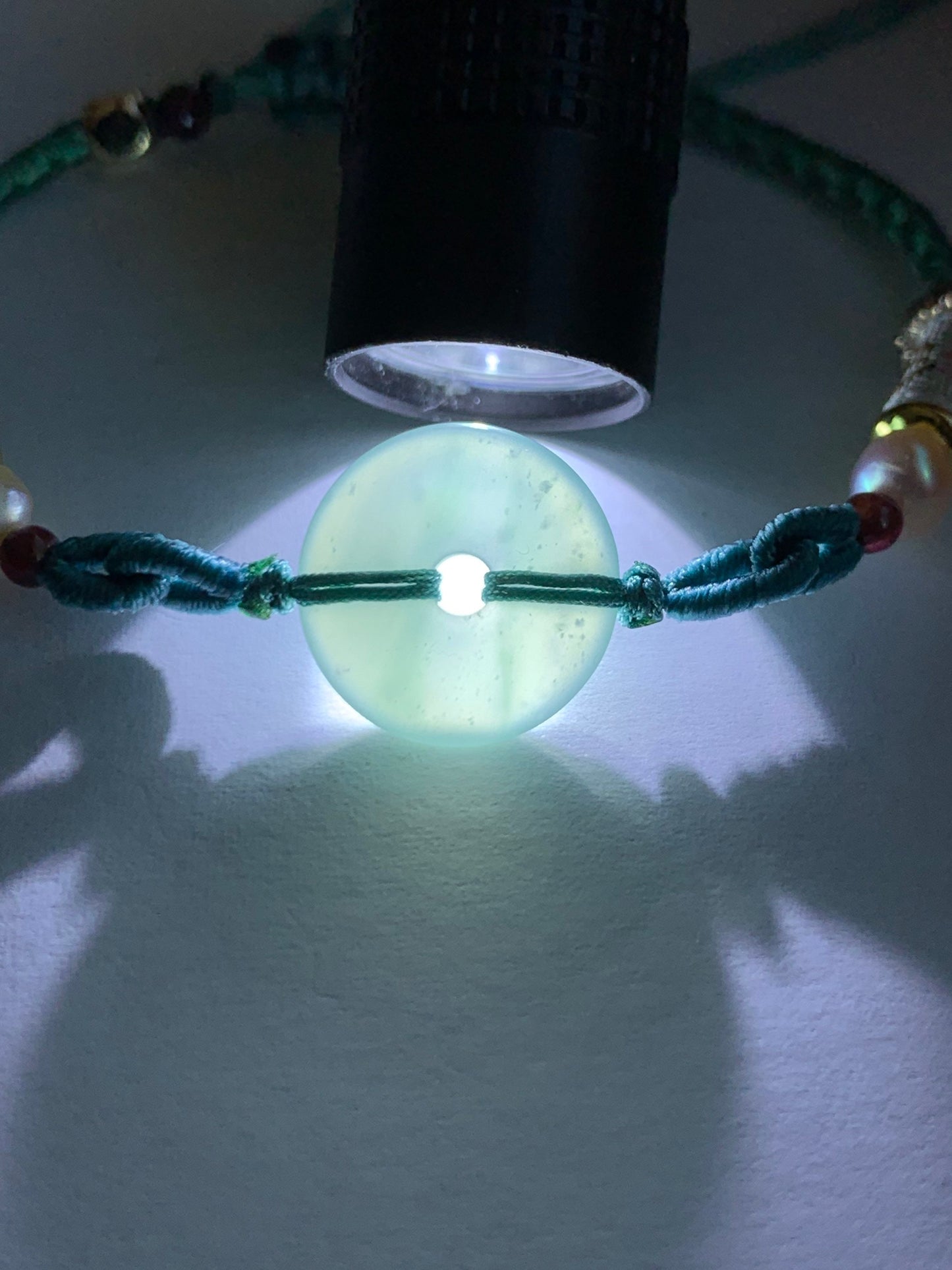 Natural Burmese Icy Highly Translucent Light Green Jadeite Ping An Kou Donut Bead Rope Bracelet Adjustable up to 8.5” 天然缅甸冰胶晴底翡翠平安扣手绳