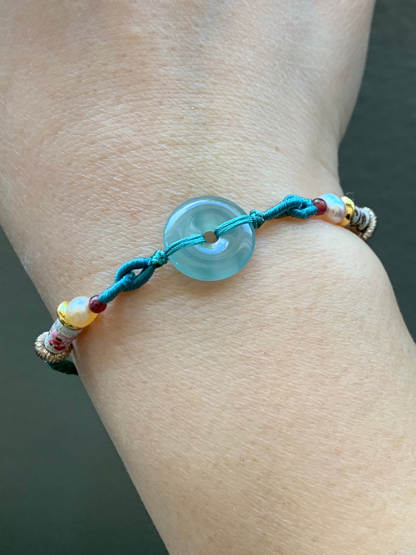 Natural Burmese Icy Highly Translucent Light Green Jadeite Ping An Kou Donut Bead Rope Bracelet Adjustable up to 8.5” 天然缅甸冰胶晴底翡翠平安扣手绳