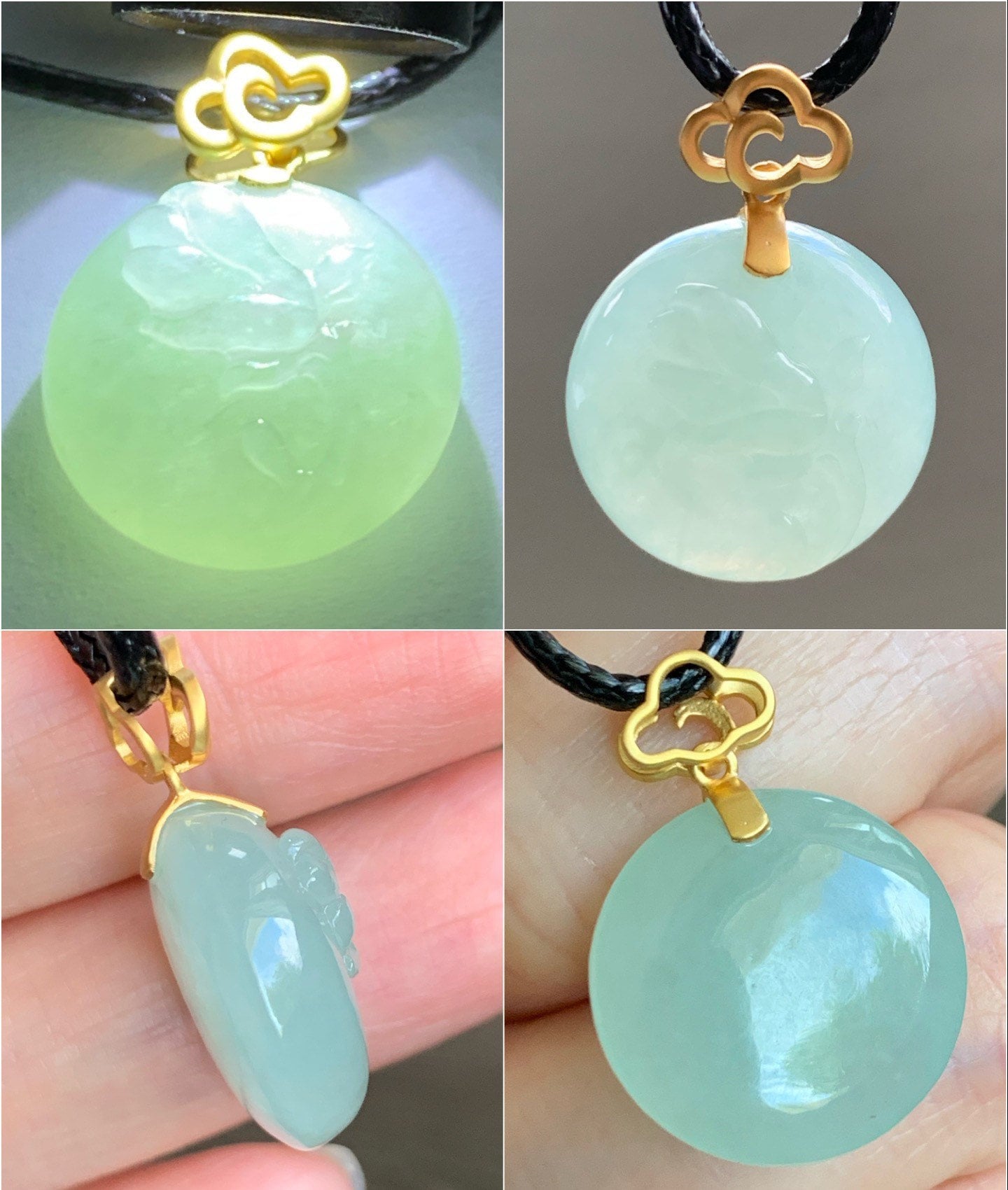 Certified Natural Burmese Icy Translucent Light Green Jadeite Pendant Carved Magnolia Flower 18K Yellow Gold 天然缅甸冰晴翡翠玉兰花牌镶嵌吊坠 2706
