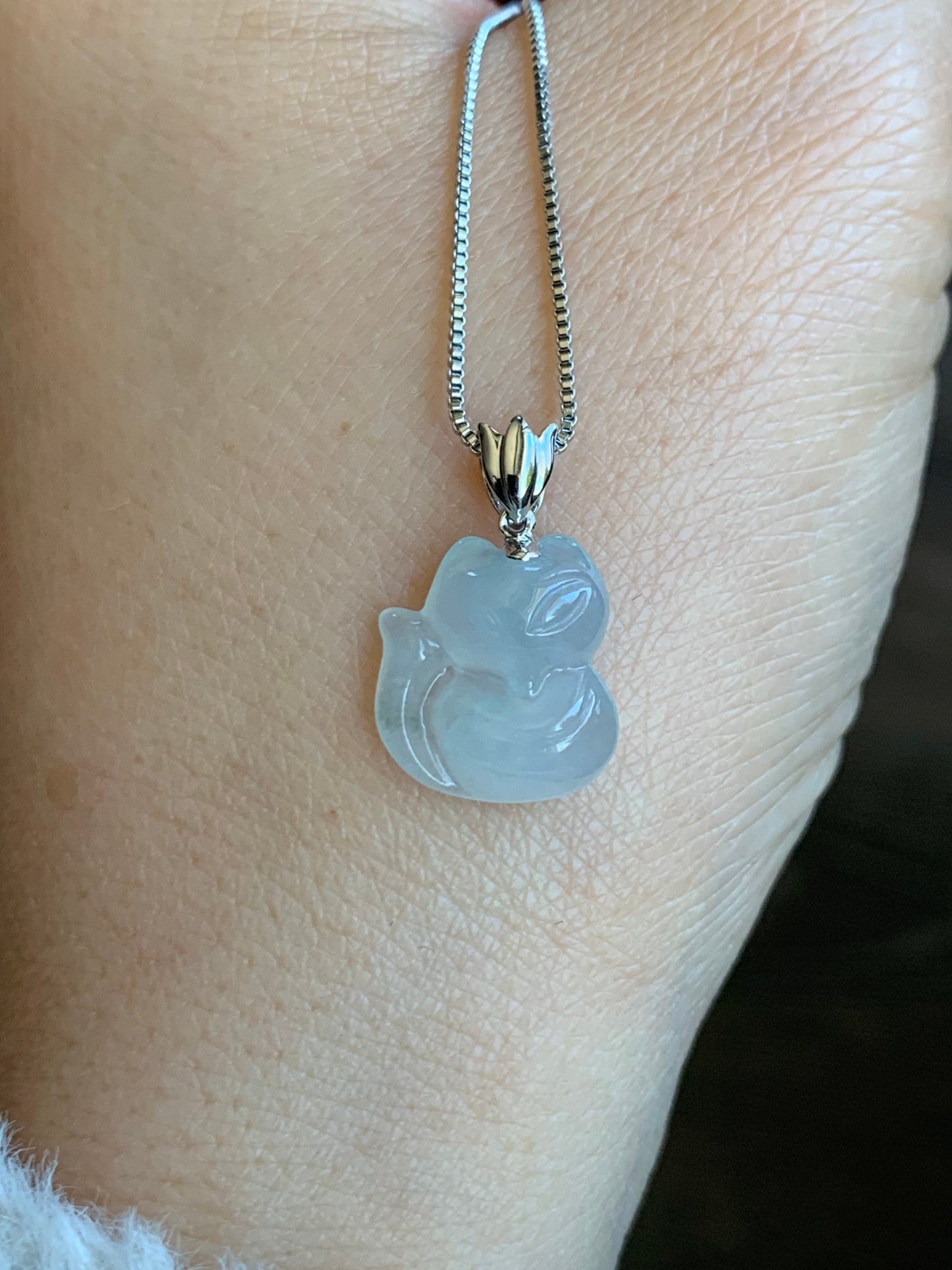 Certified Natural Burmese Icy Translucent & Gelatinous White Jadeite 3D Carved Nine-Tailed Fox Pendant 18K White Gold 天然缅甸白冰起胶翡翠九尾狐狸吊坠
