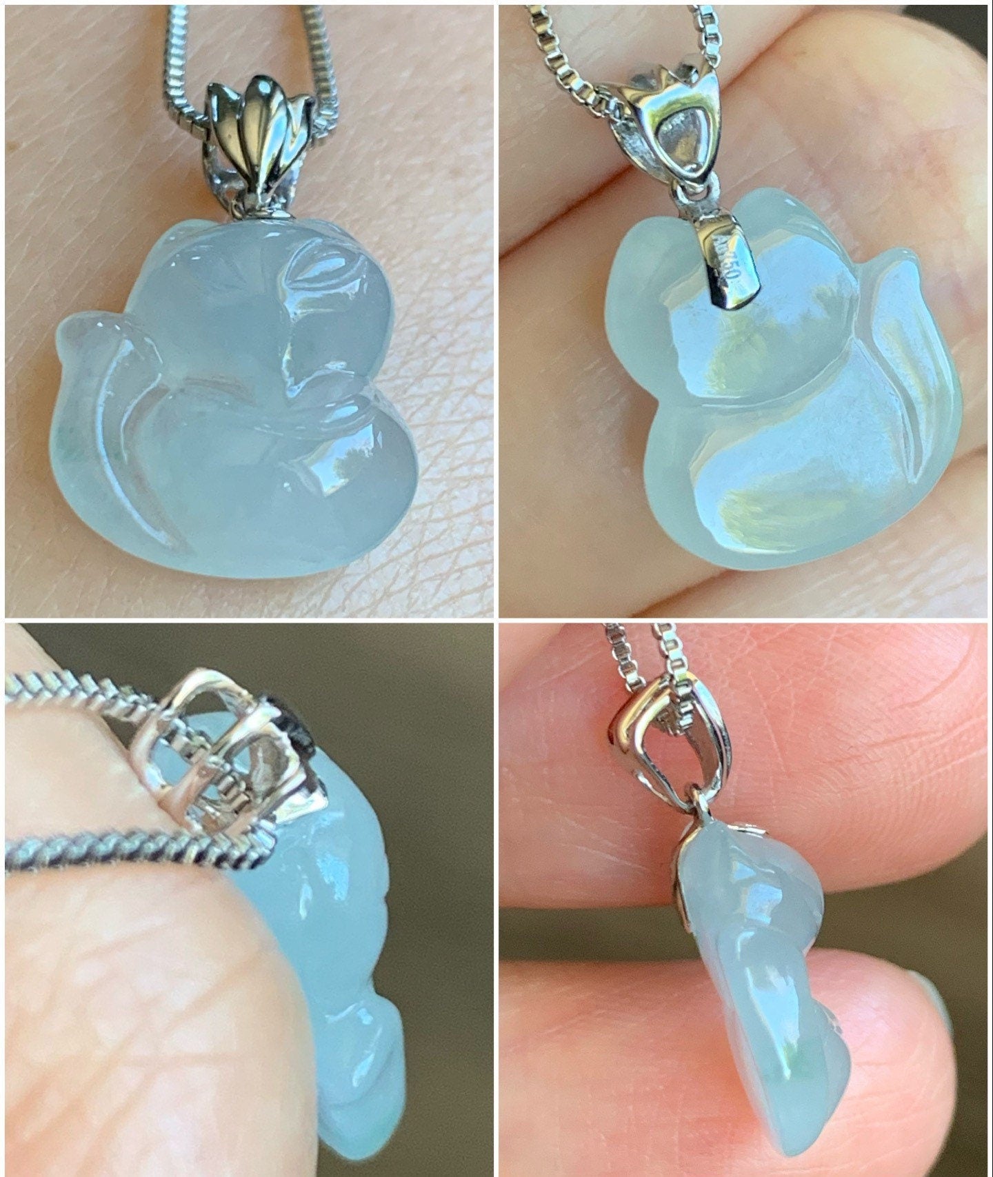 Certified Natural Burmese Icy Translucent & Gelatinous White Jadeite 3D Carved Nine-Tailed Fox Pendant 18K White Gold 天然缅甸白冰起胶翡翠九尾狐狸吊坠