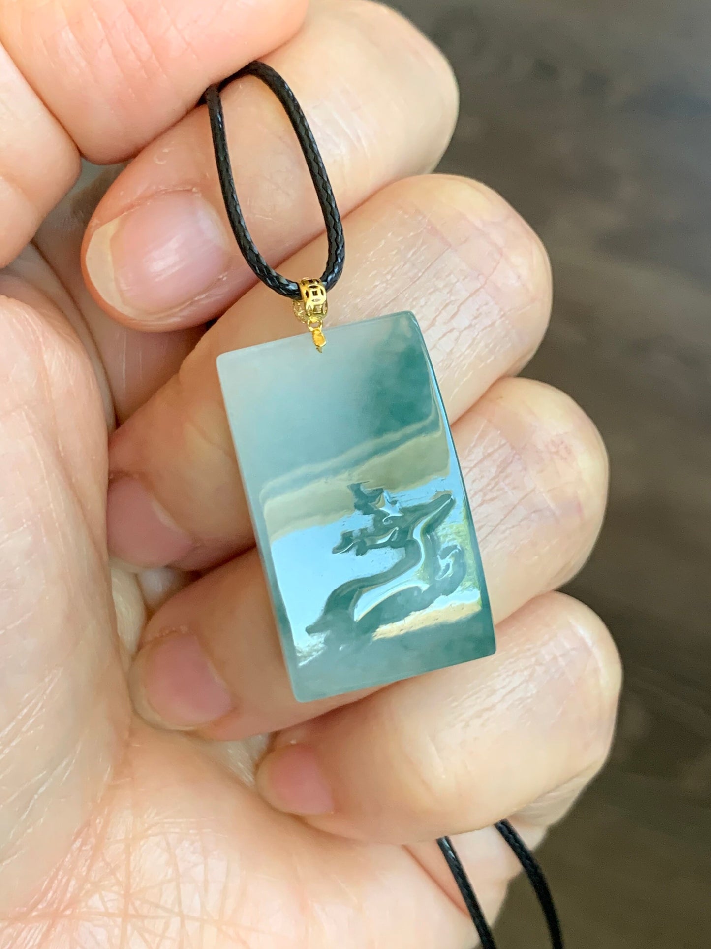 Natural Burmese Translucent Icy Teal Marbled Jadeite Deer Blessing Amulet Pendant 18K Yellow Gold Bail 天然缅甸细糯飘蓝花翡翠一鹿有你吊坠