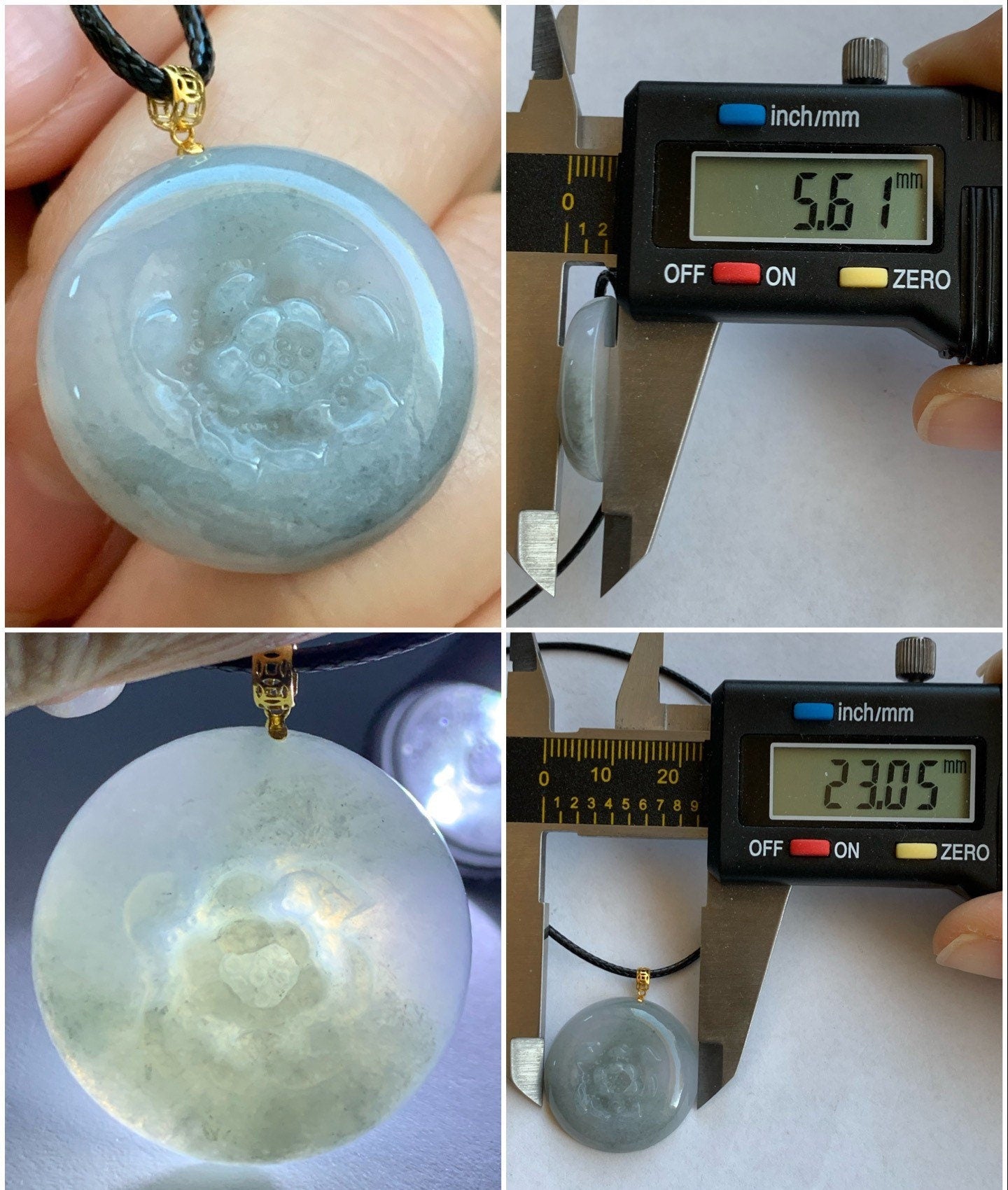 Natural Burmese Translucent Icy Wuji Marbled Jadeite Carved Peony Flower Coin Pendant 18K Yellow Gold Bail 天然缅甸糯冰淡紫乌鸡翡翠牡丹花圆牌吊坠