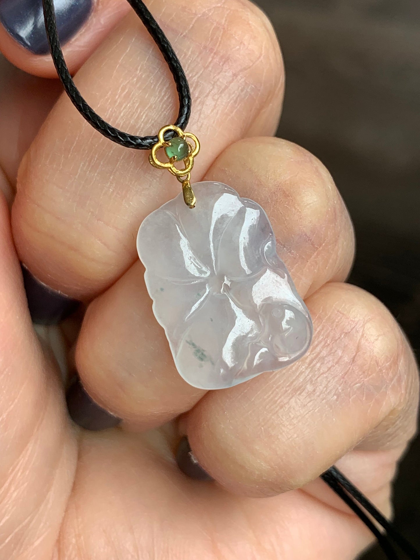Natural Burmese Icy Translucent Gelatinous Icy White Jadeite Carved Lily Pad & Fish Pendant 18K Yellow Gold Bail 天然缅甸冰胶白冰翡翠荷叶鱼吊坠