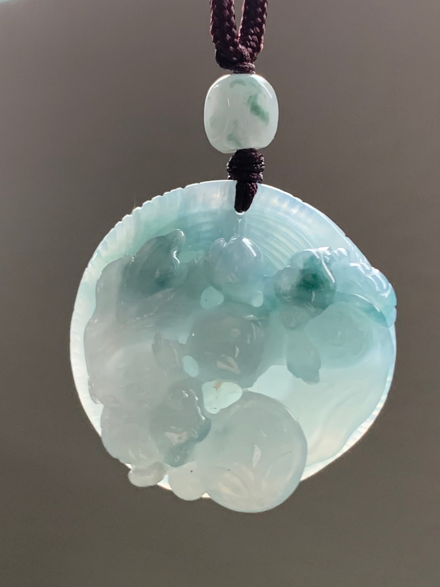 Large Natural Burmese Icy Translucent Sky Blue Jadeite w/ Green Marbling Carved Goldfish Pendant Rope Necklace 25” 19g 天然缅甸冰天空蓝飘花翡翠双鱼牌吊坠